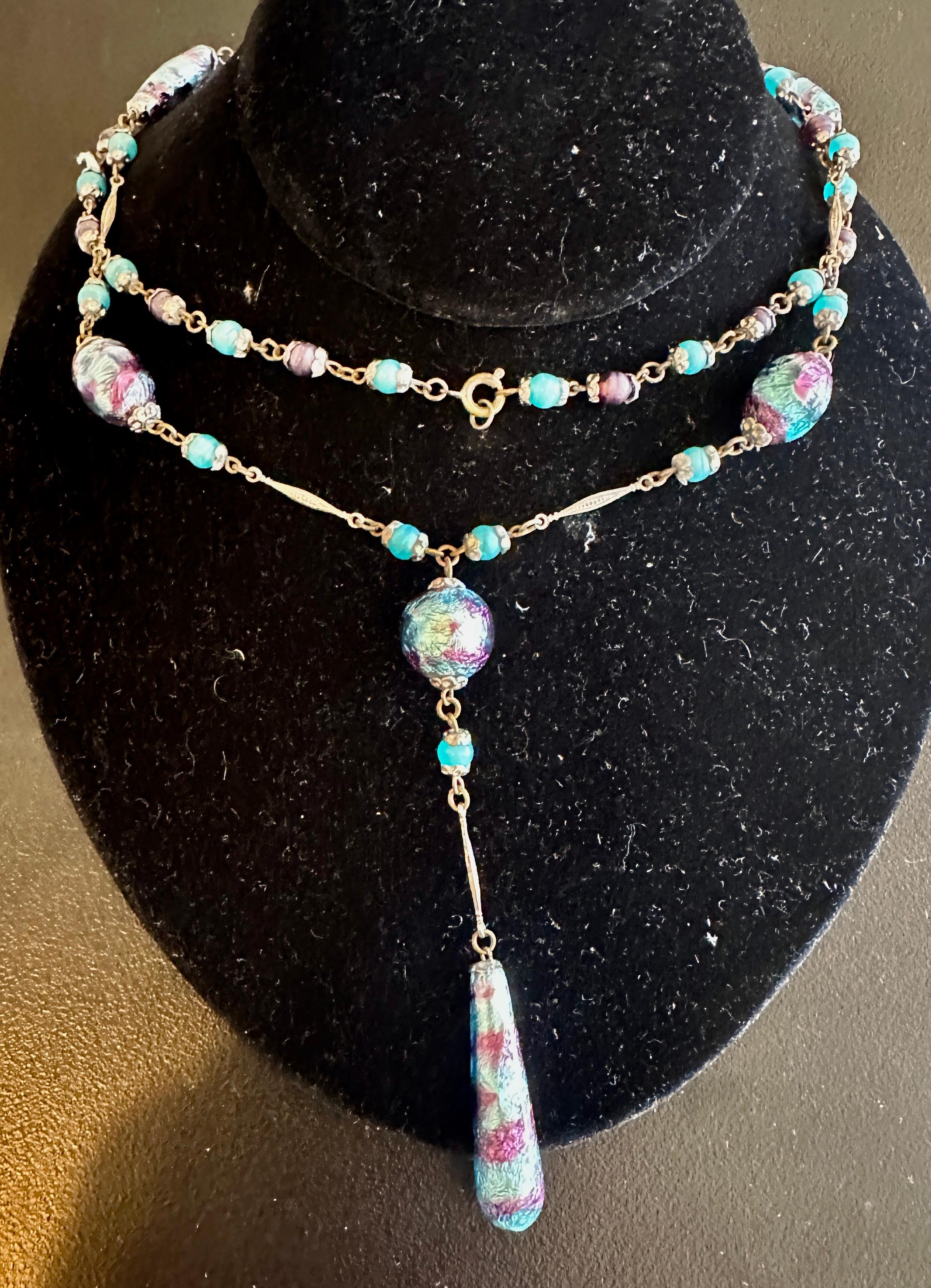 Venetian Lampwork Wedding Cake Art Glass Necklace 32 Inches Antique Art Deco In Excellent Condition For Sale In New York, NY