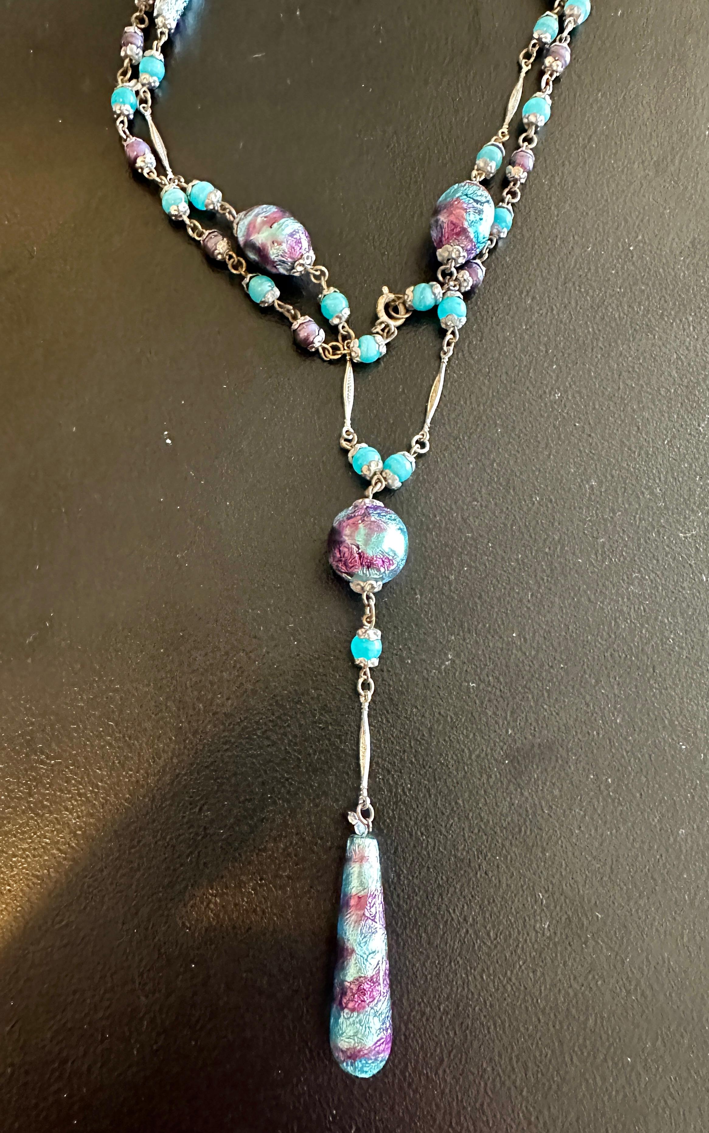 Women's or Men's Venetian Lampwork Wedding Cake Art Glass Necklace 32 Inches Antique Art Deco For Sale