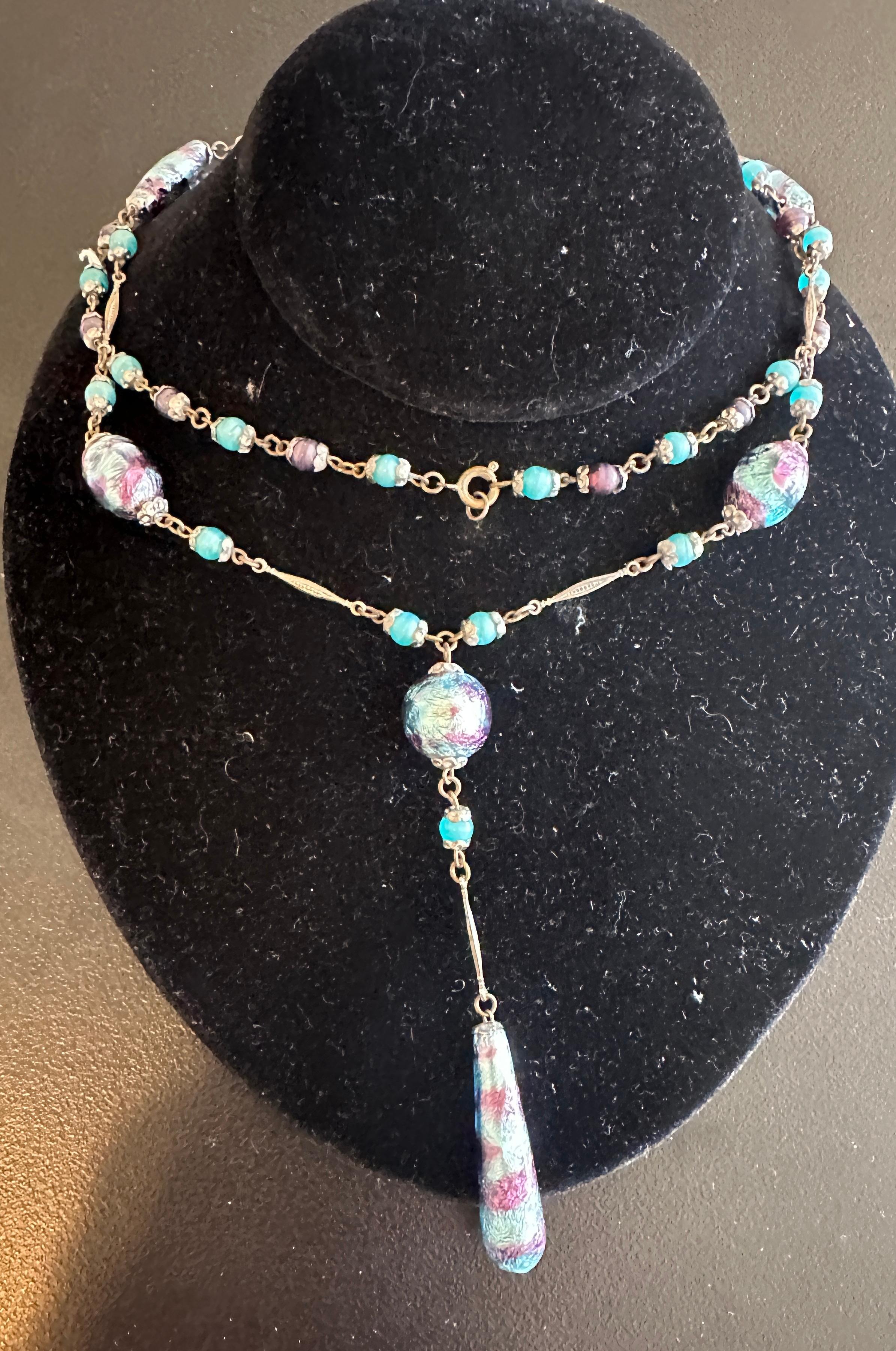 Venetian Lampwork Wedding Cake Art Glass Necklace 32 Inches Antique Art Deco For Sale 1