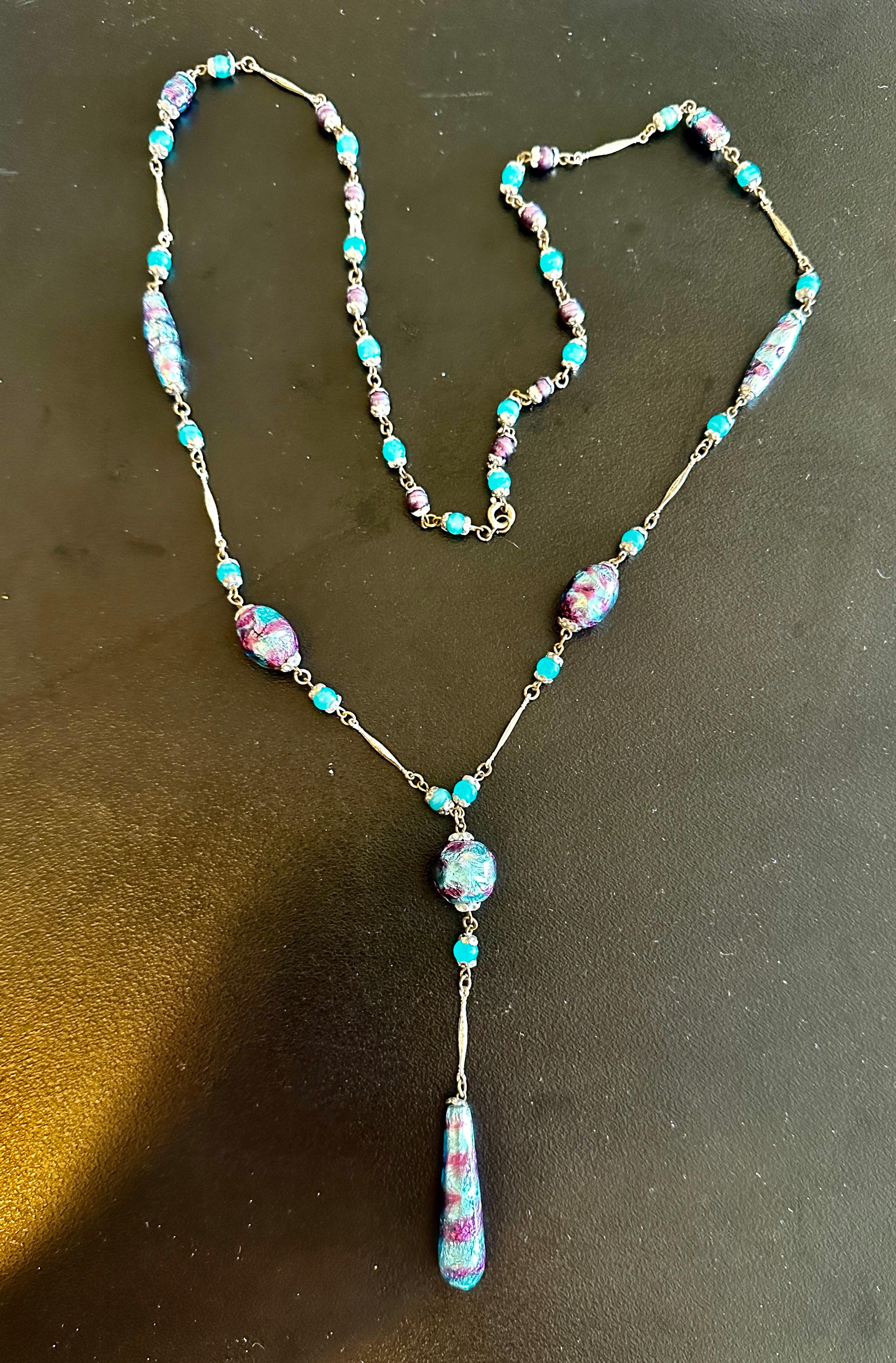 Venetian Lampwork Wedding Cake Art Glass Necklace 32 Inches Antique Art Deco For Sale 2
