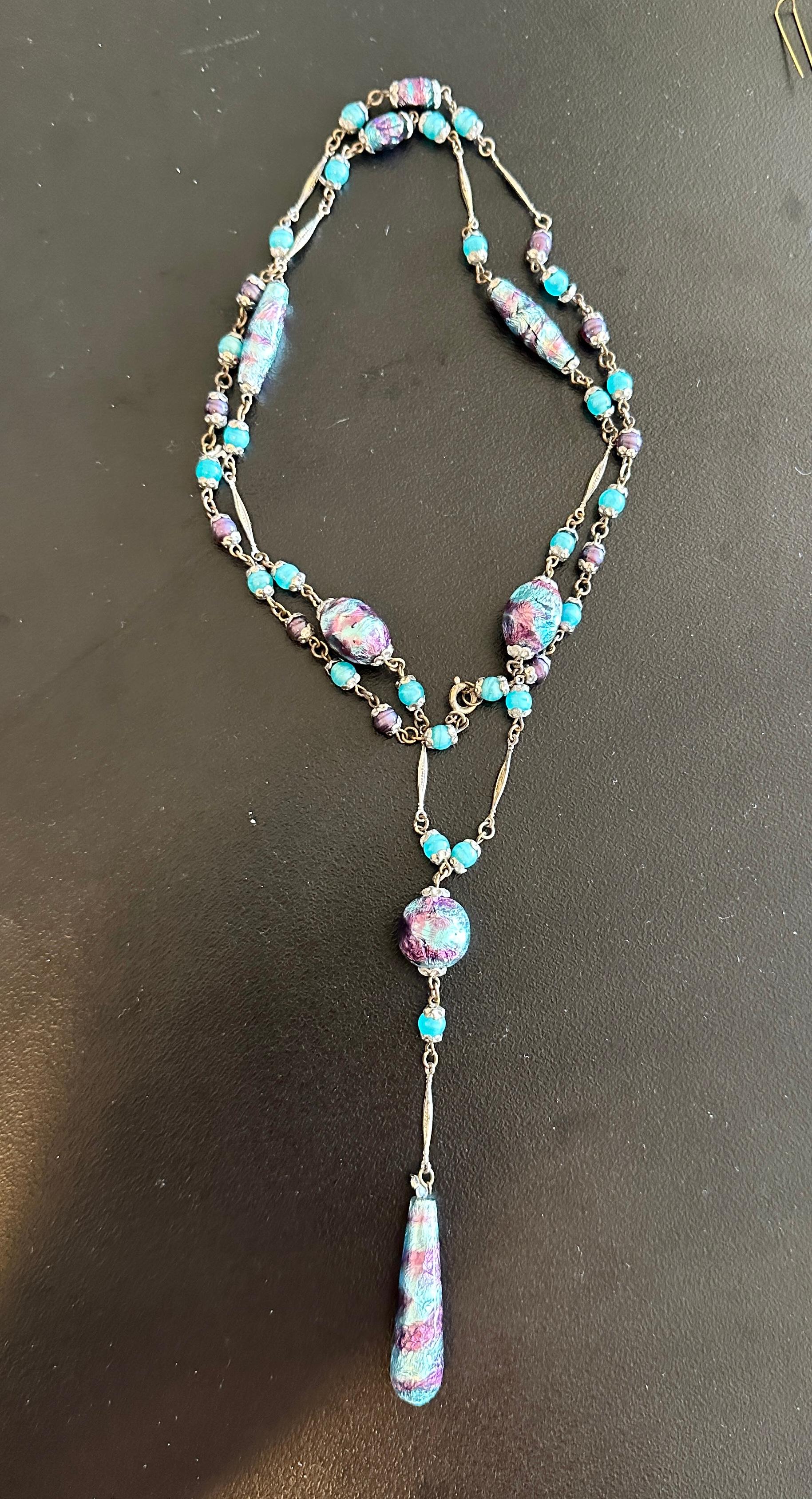 Venetian Lampwork Wedding Cake Art Glass Necklace 32 Inches Antique Art Deco For Sale 3