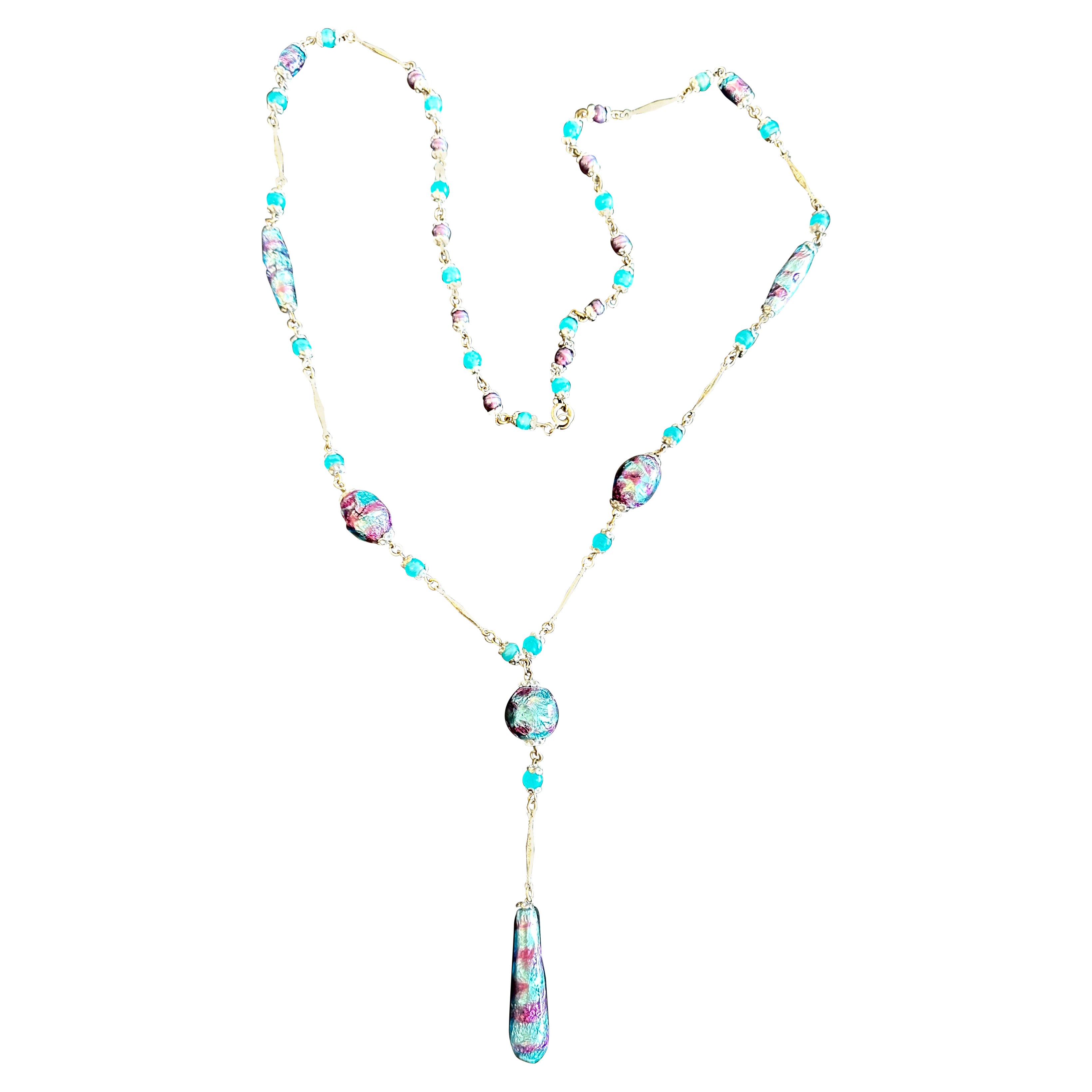 Venetian Lampwork Wedding Cake Art Glass Necklace 32 Inches Antique Art Deco