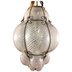 Venetian Lantern Chandelier "Reticello" Glass, Murano, 1950s