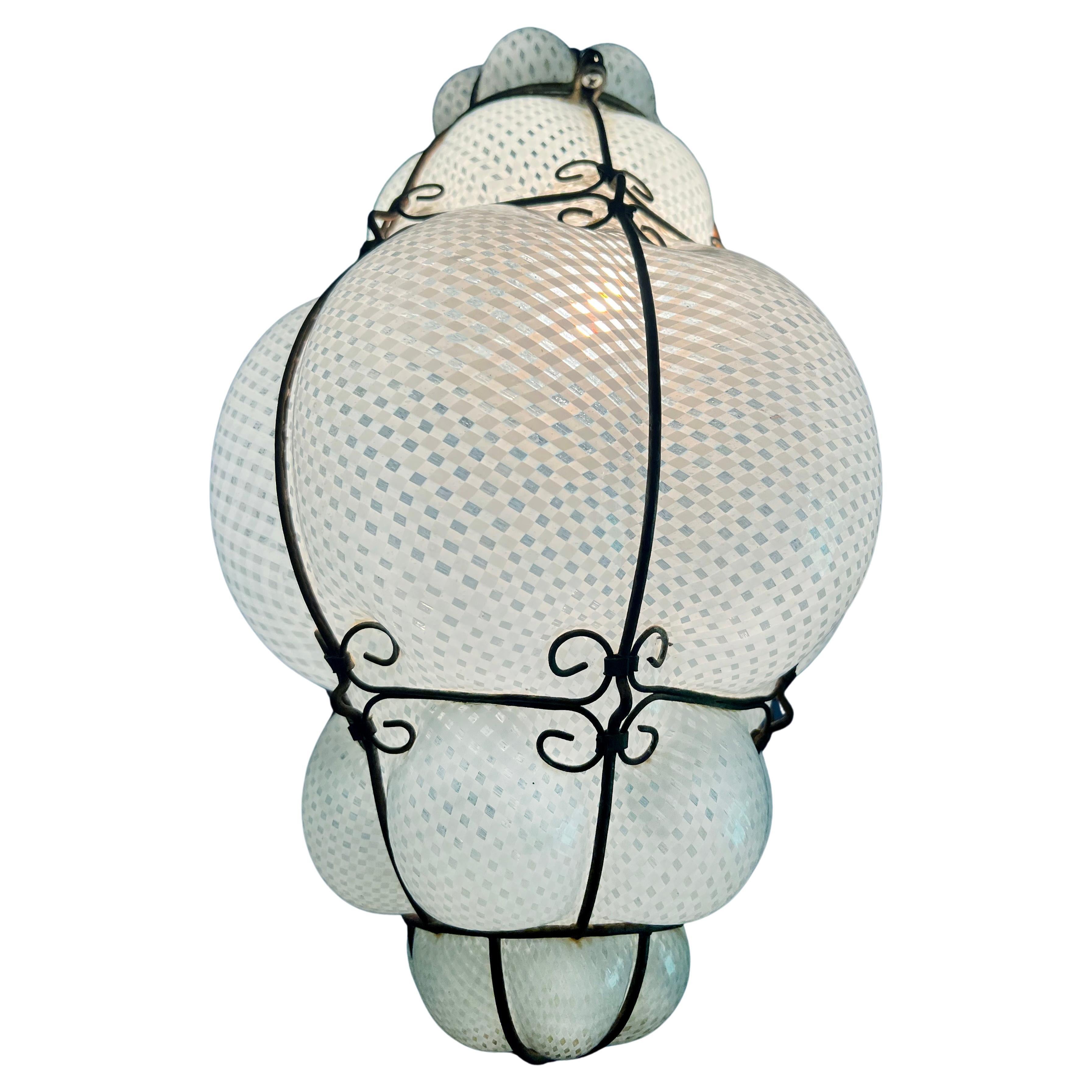 Venetian Lantern Chandelier "Reticello" Glass, Murano, 1950s