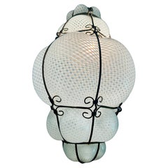 Vintage Venetian Lantern Chandelier "Reticello" Glass, Murano, 1950s