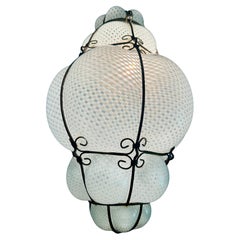 Venetian Lantern Chandelier "Reticello" Glass, Murano, 1950s