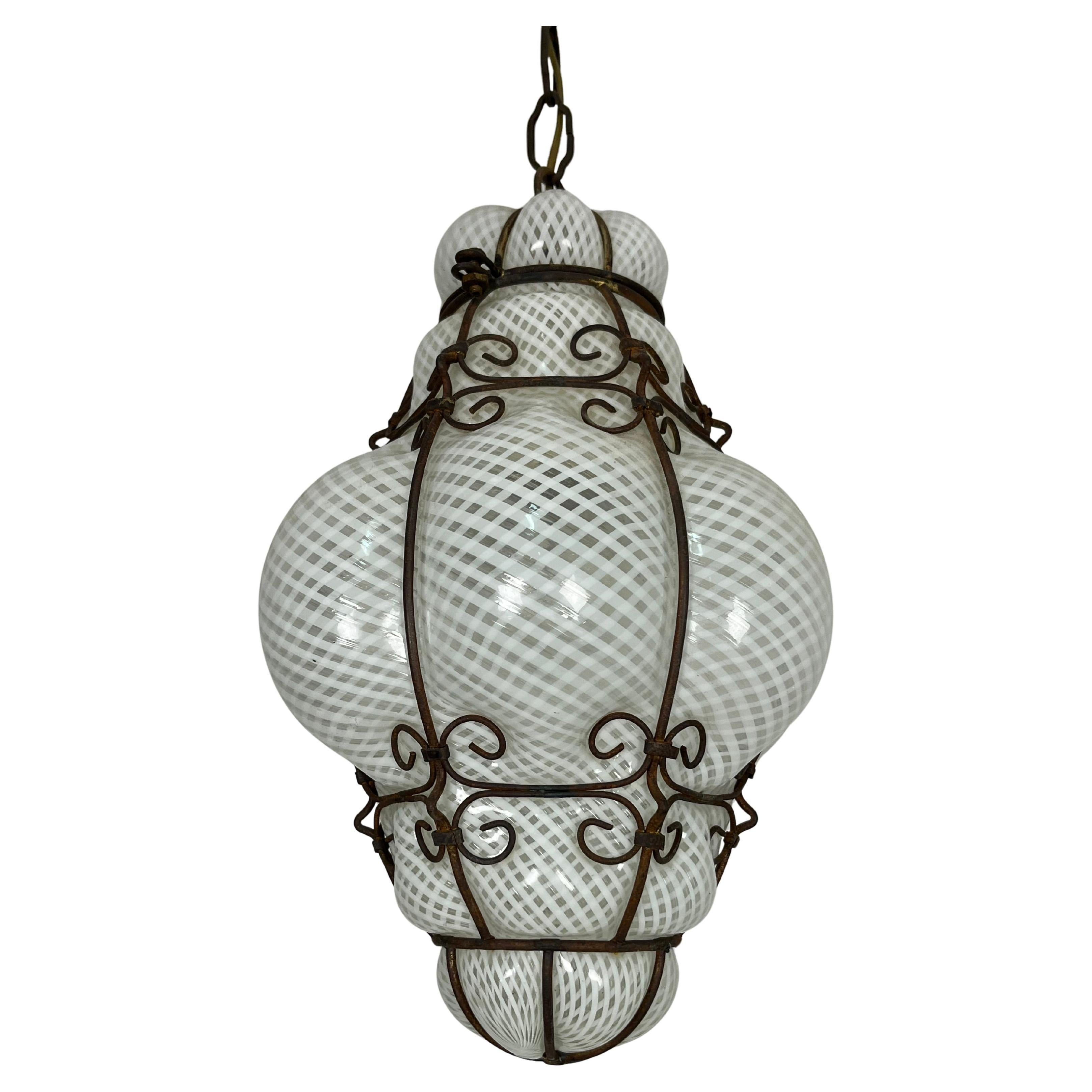 Venetian Lantern in Blown Murano Glass Reticello caged, 1940s