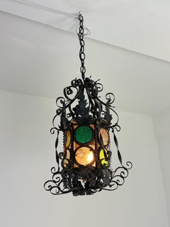 Venetian Lantern in wrought iron and stained glass, 1940s.