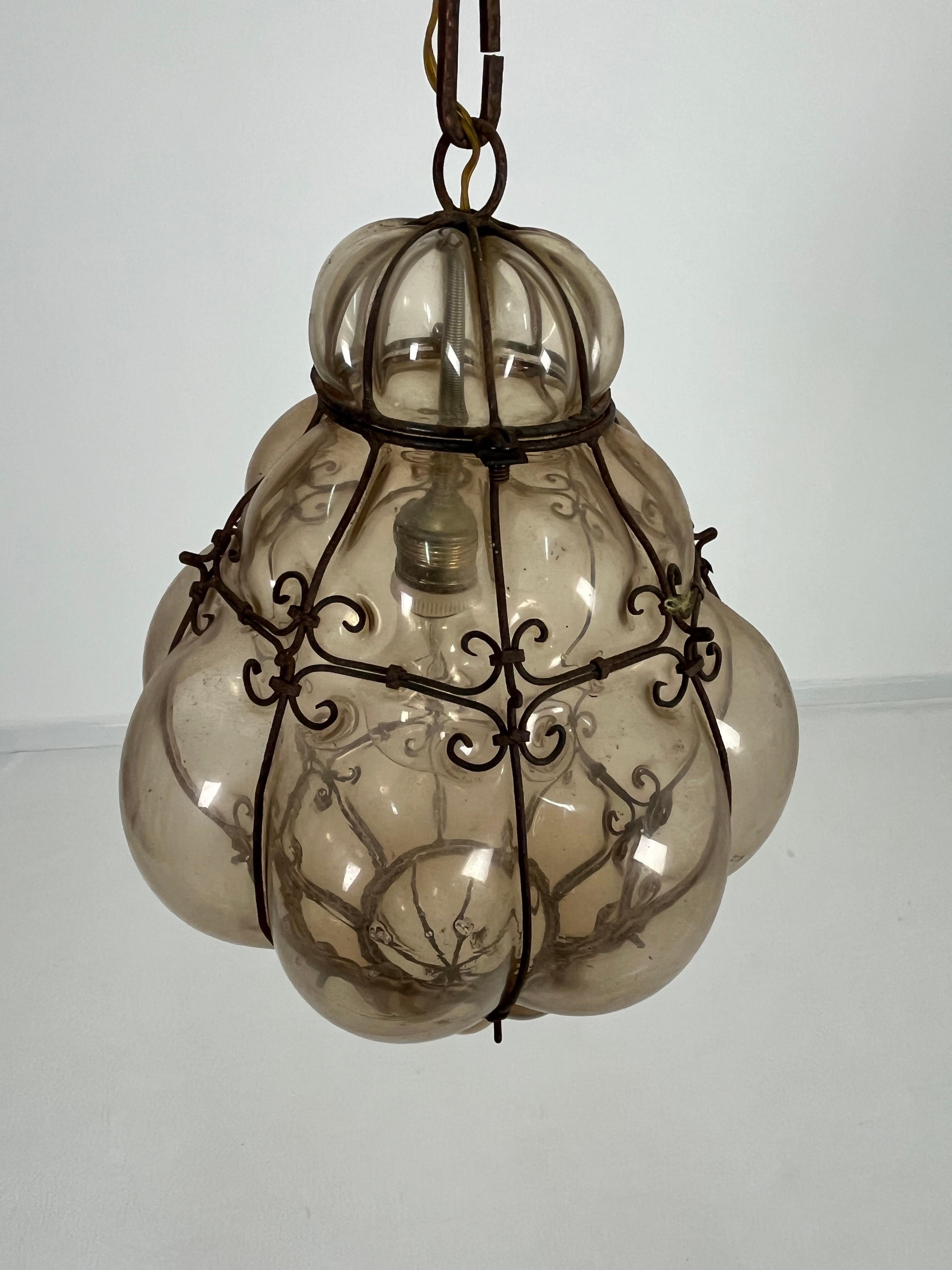 Venetian Lantern Mid-Century Murano Glass Blown Caged, 1940s For Sale 8
