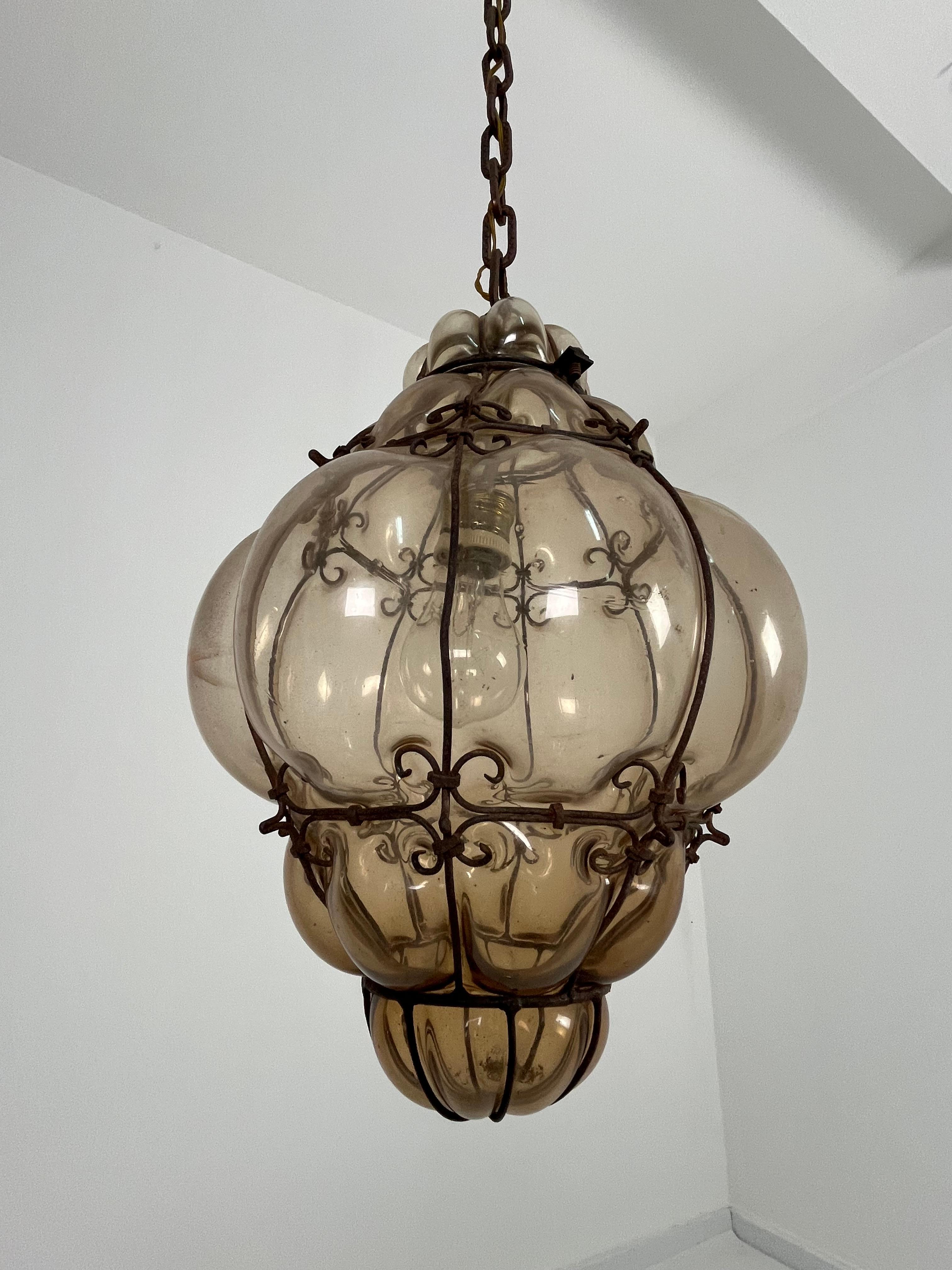 Venetian Lantern Mid-Century Murano Glass Blown Caged, 1940s For Sale 9