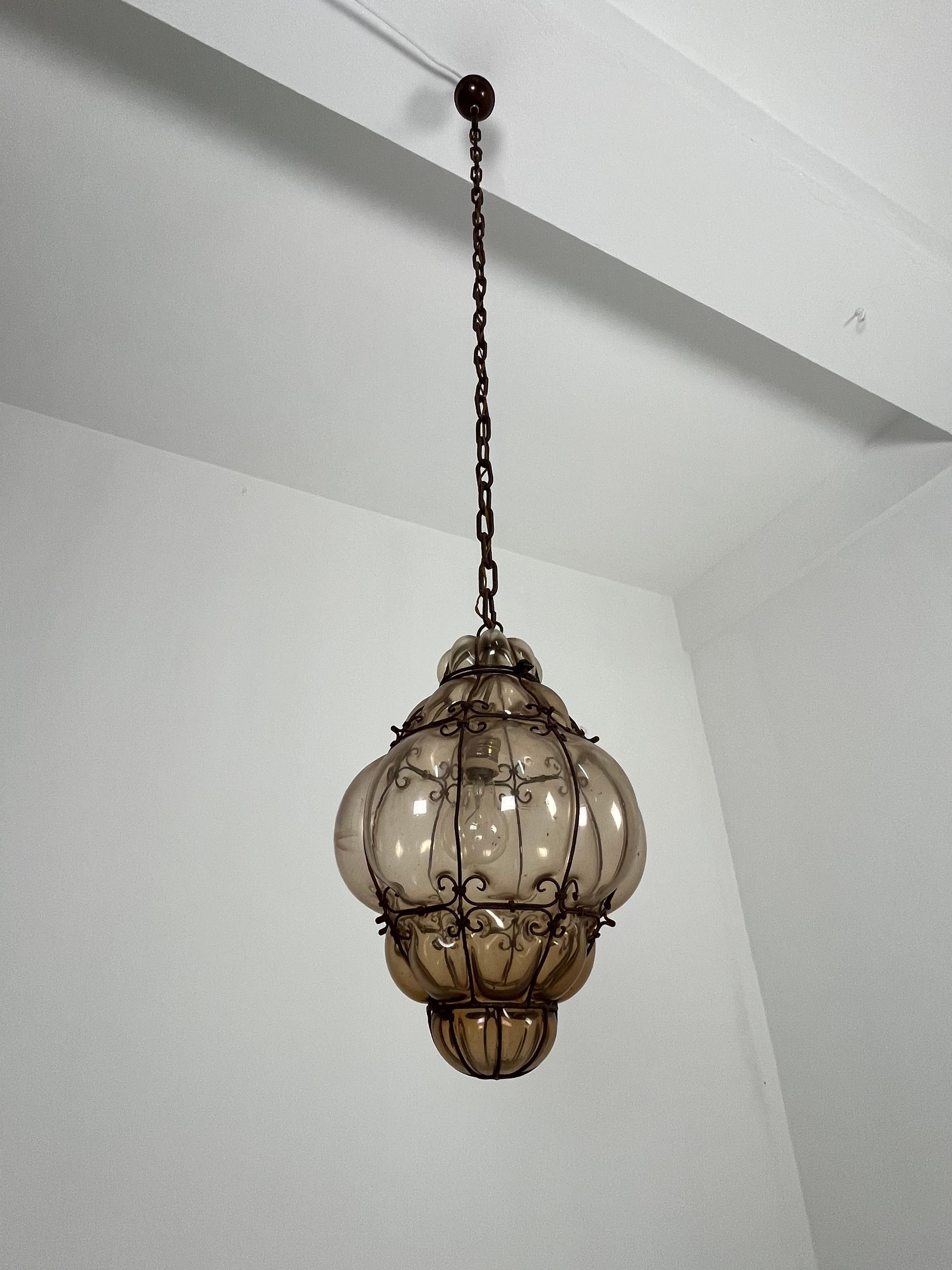 Venetian Lantern Mid-Century Murano Glass Blown Caged, 1940s For Sale 10