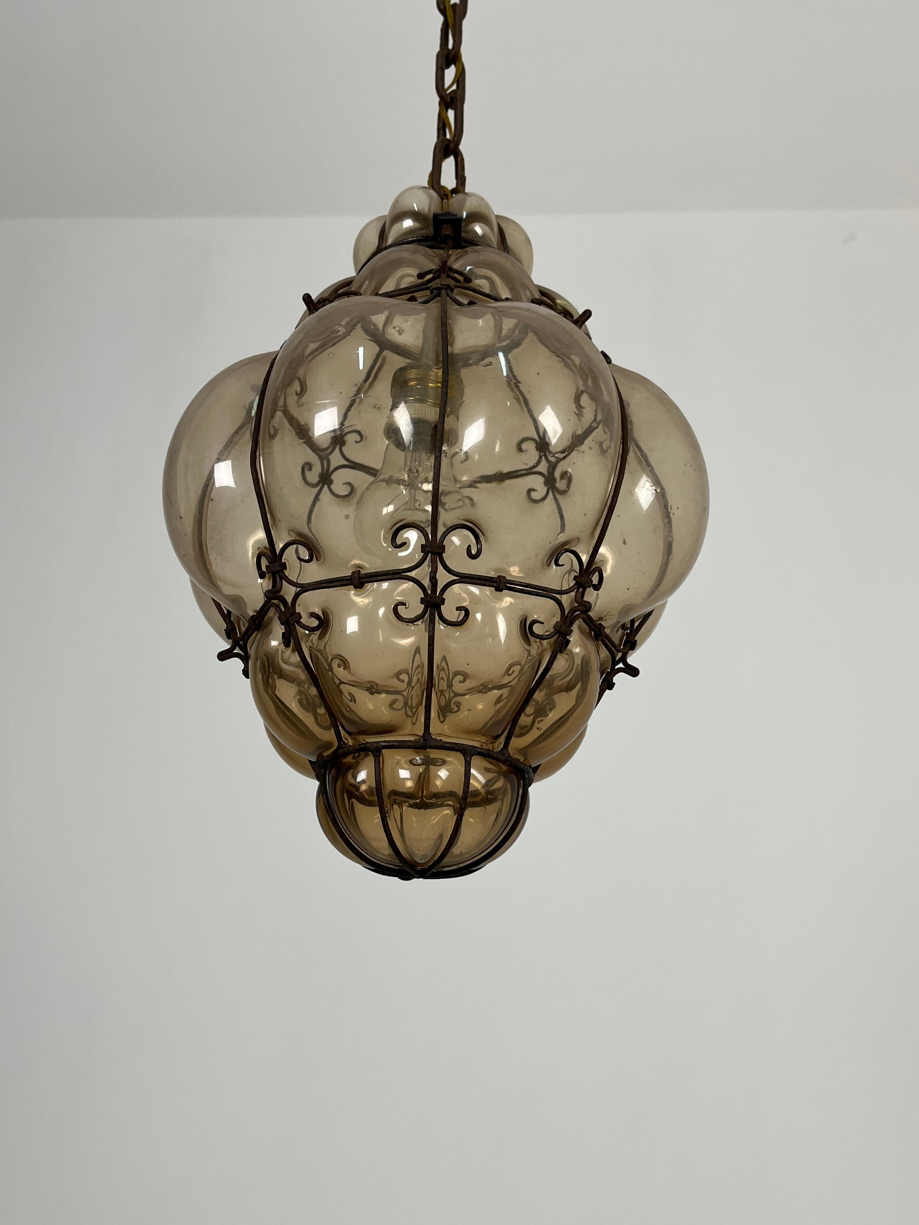 Venetian Lantern Mid-Century Murano Glass Blown Caged, 1940s For Sale 11