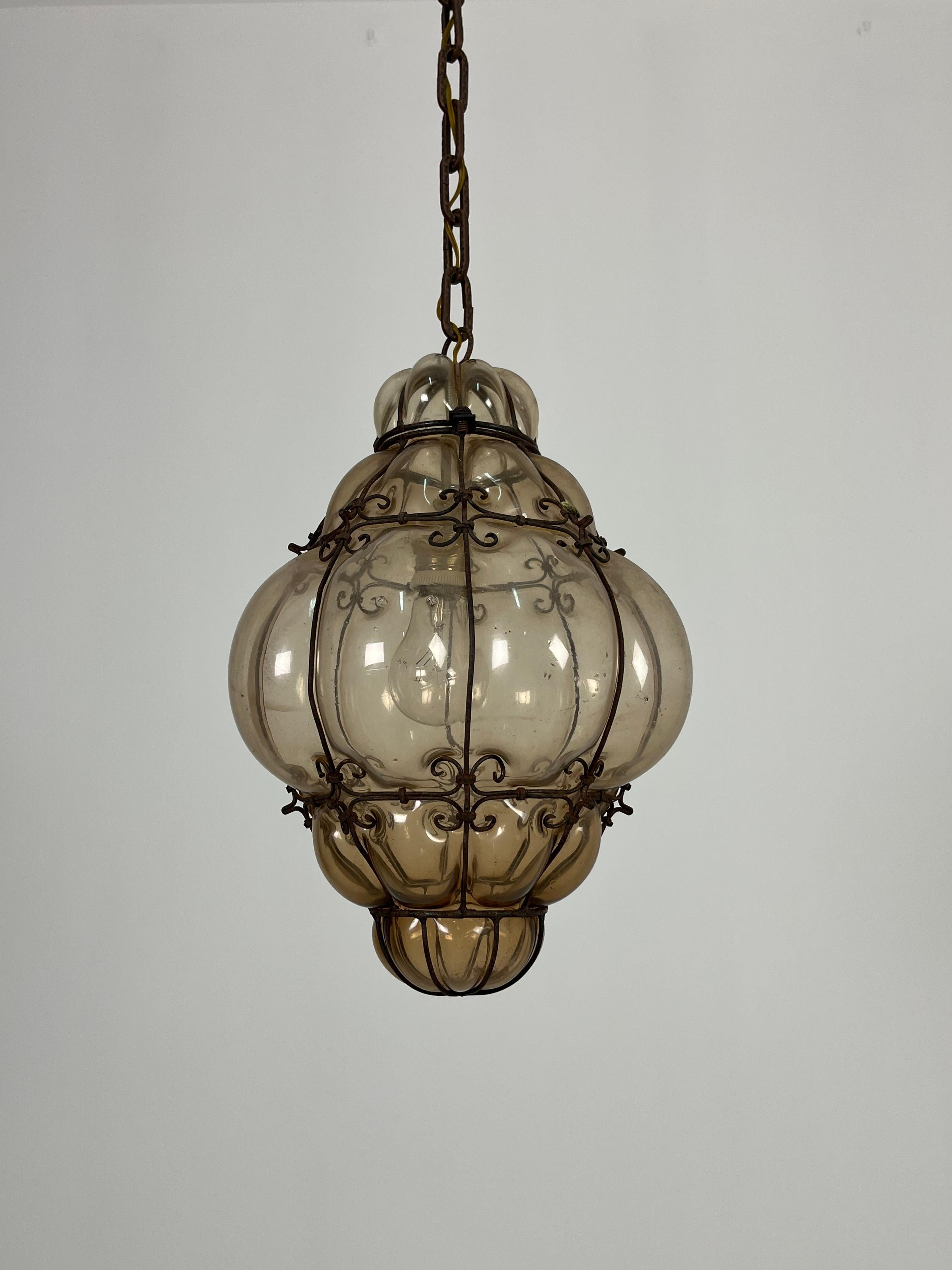 Venetian Lantern Mid-Century Murano Glass Blown Caged, 1940s For Sale 12