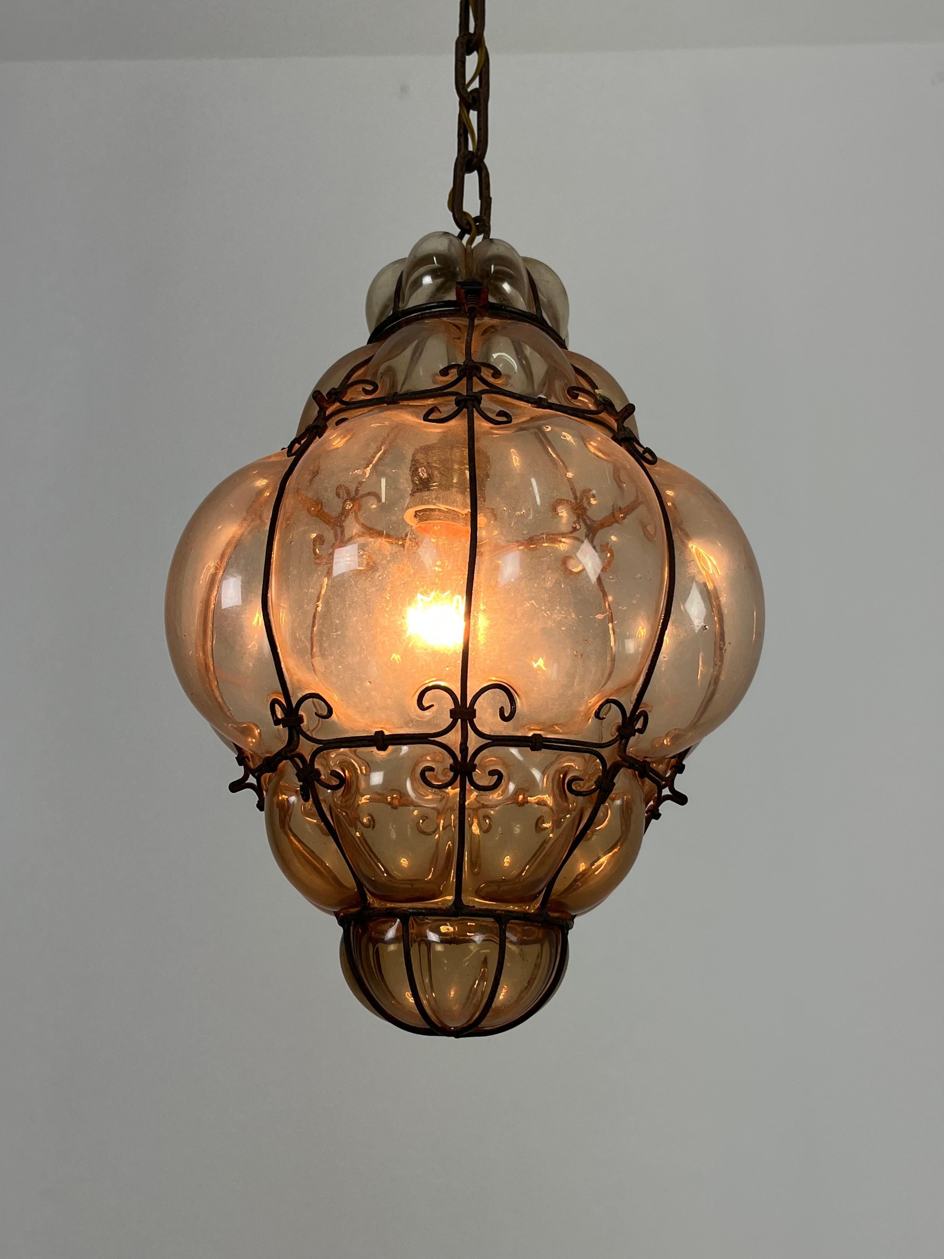 Italian Venetian Lantern Mid-Century Murano Glass Blown Caged, 1940s For Sale