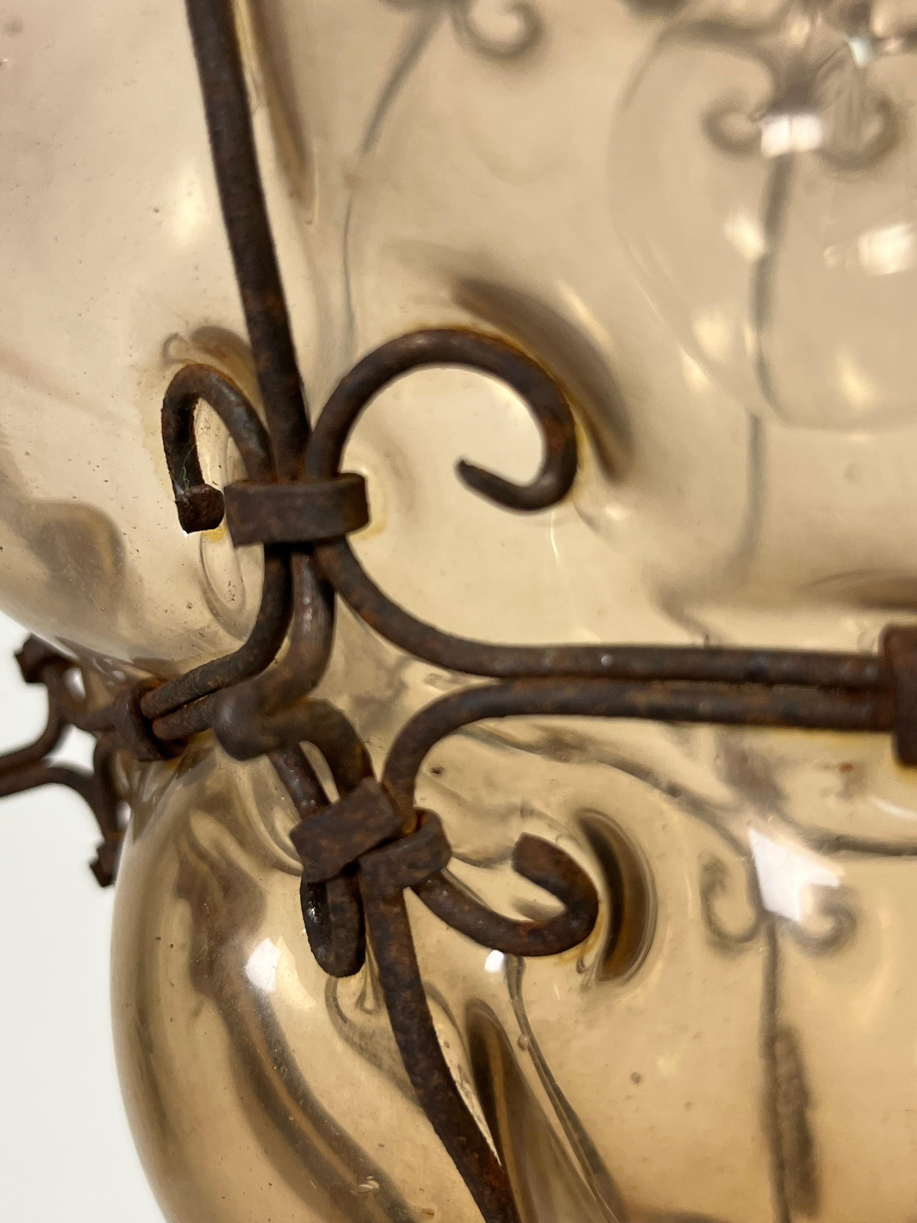 Metal Venetian Lantern Mid-Century Murano Glass Blown Caged, 1940s For Sale