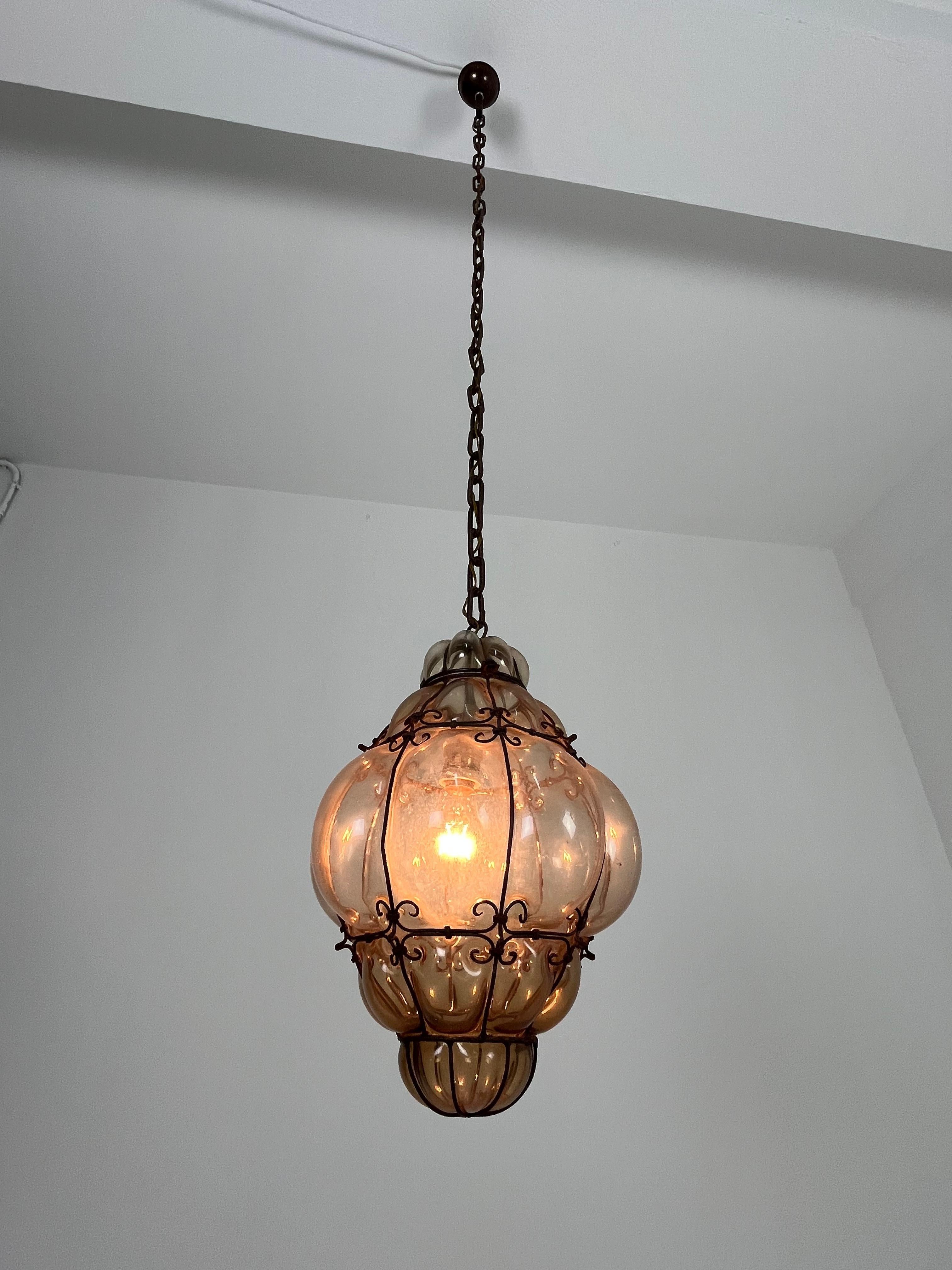 Venetian Lantern Mid-Century Murano Glass Blown Caged, 1940s For Sale 2