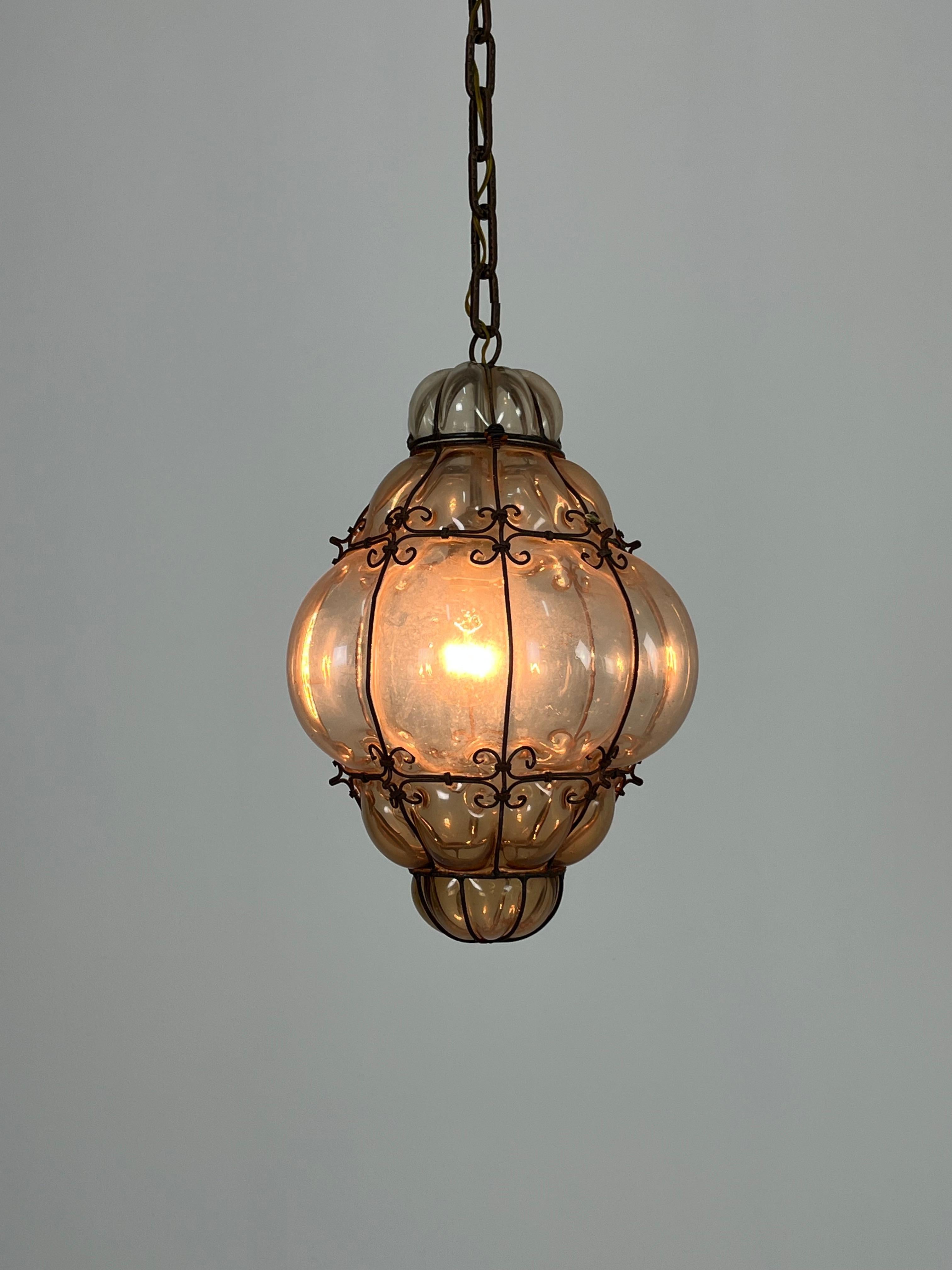 Venetian Lantern Mid-Century Murano Glass Blown Caged, 1940s For Sale 3