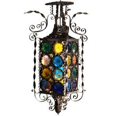 Antique Venetian Lantern Wrought Iron and Multicolored Glass, Italy, 1890's