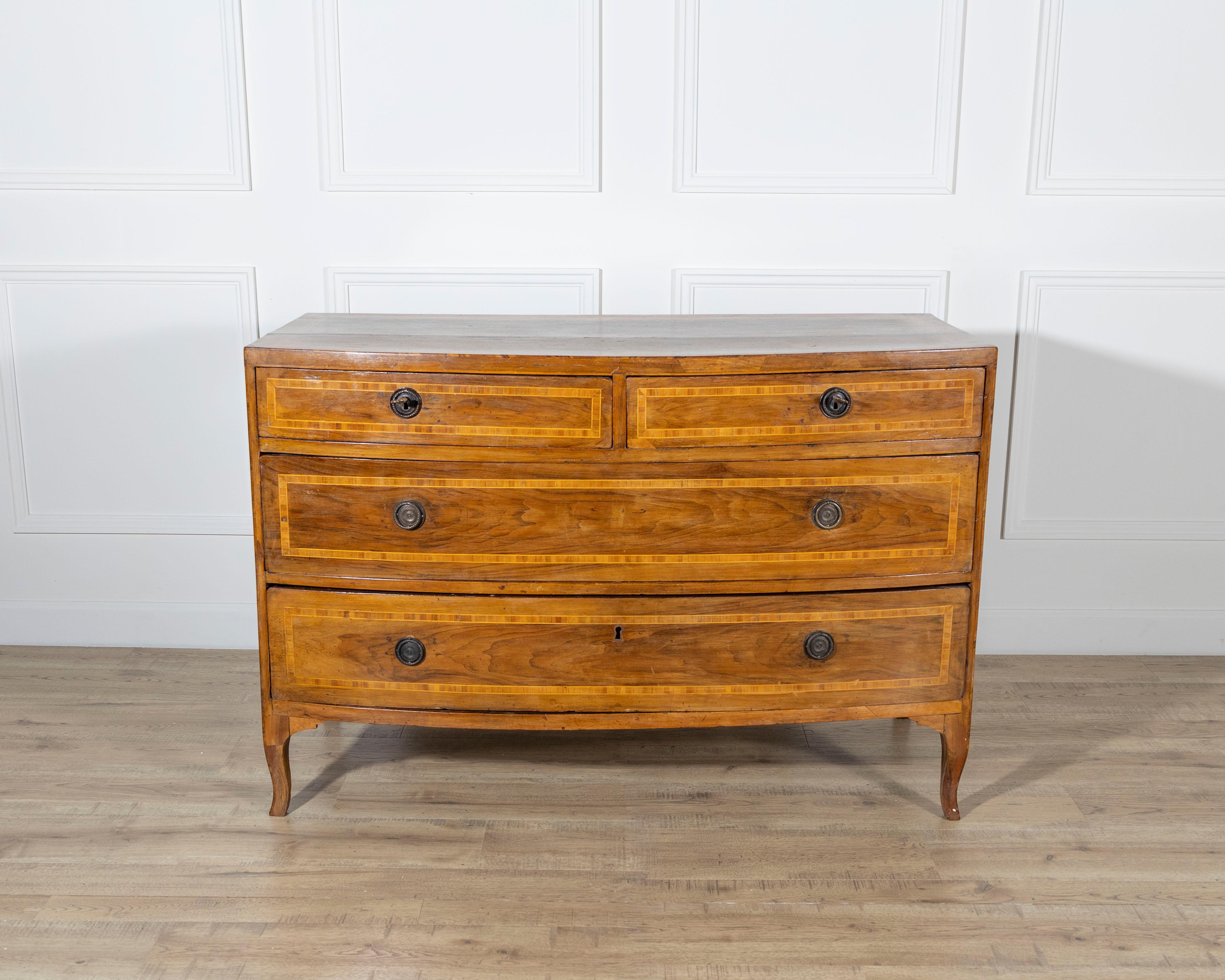 Elegant Venetian Louis XVI chest of drawers crafted in walnut, dating to the 18th century. With its soft bow-front profile and balanced proportions, the piece captures the refined neoclassical sensibility that defined Venetian craftsmanship of the
