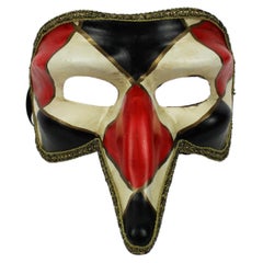 Venetian Mask handmade harlequin piece red & black stamped Italy 20th Century