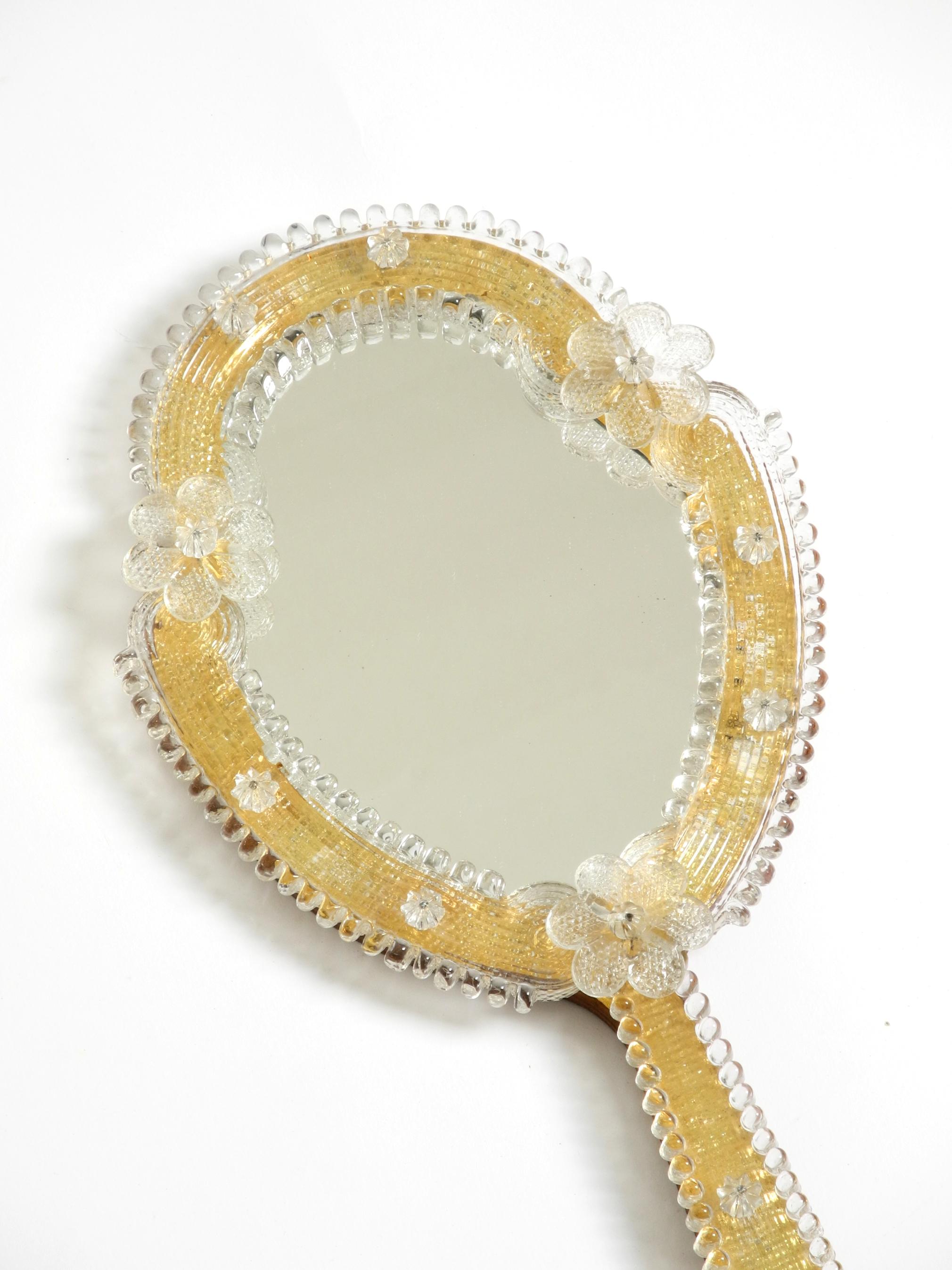 Venetian Mid-Century hand or wall mirror with Murano glass rosettes For Sale 5