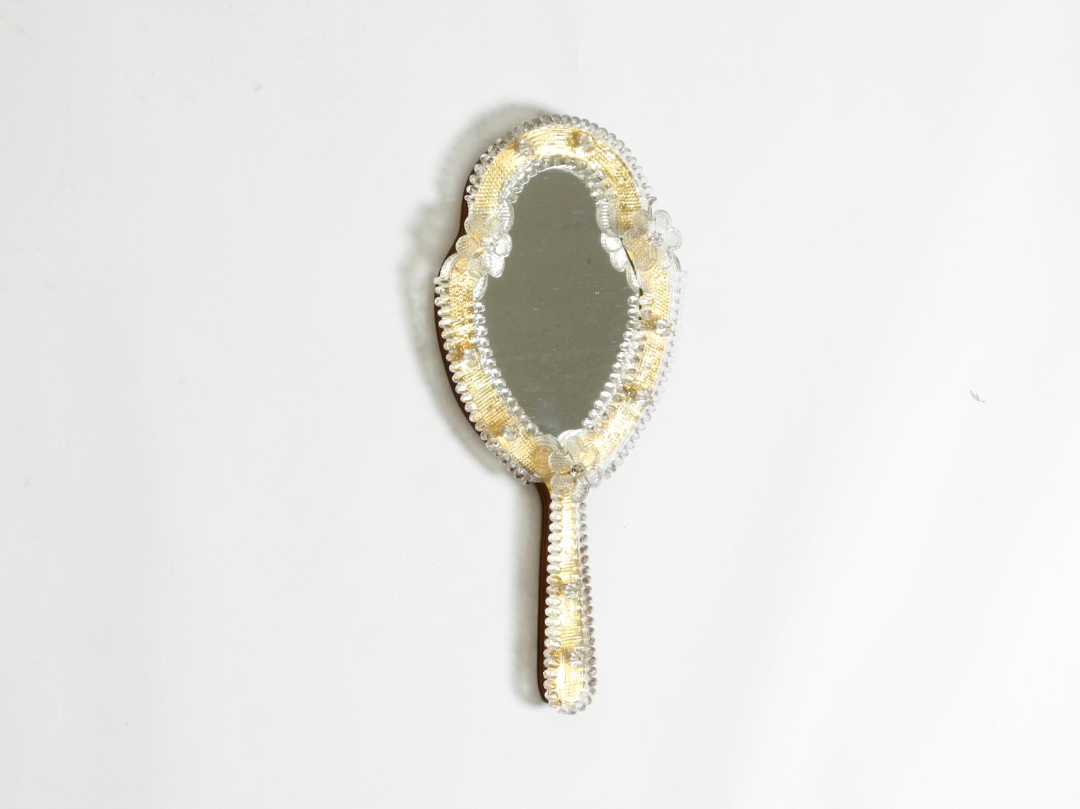Mid-Century Modern Venetian Mid-Century hand or wall mirror with Murano glass rosettes For Sale