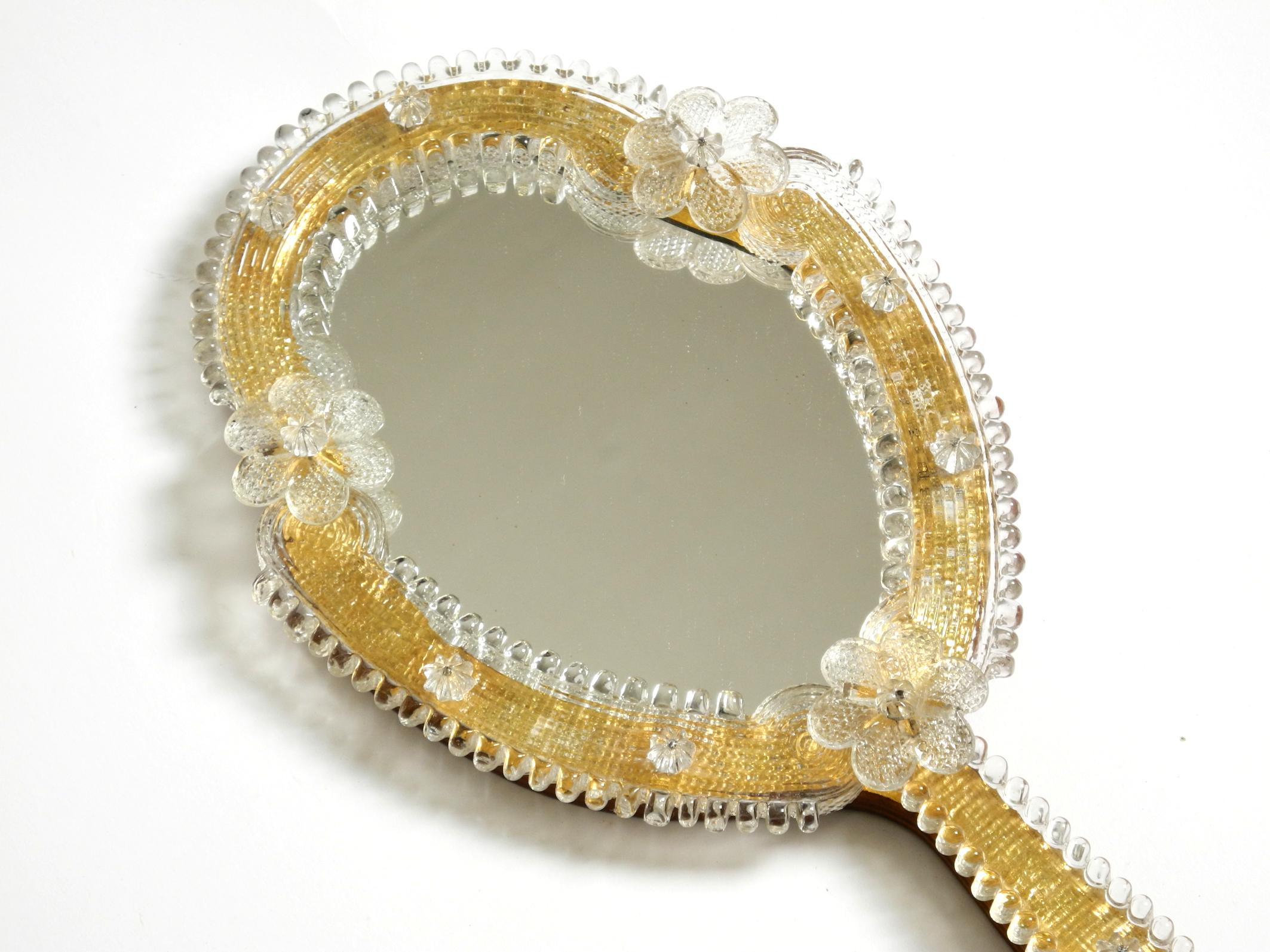 Mid-20th Century Venetian Mid-Century hand or wall mirror with Murano glass rosettes For Sale