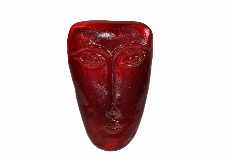 Late 20th Century Folk Art Mid-Century Modern Blown Red Art Glass Face Masks, México For Sale