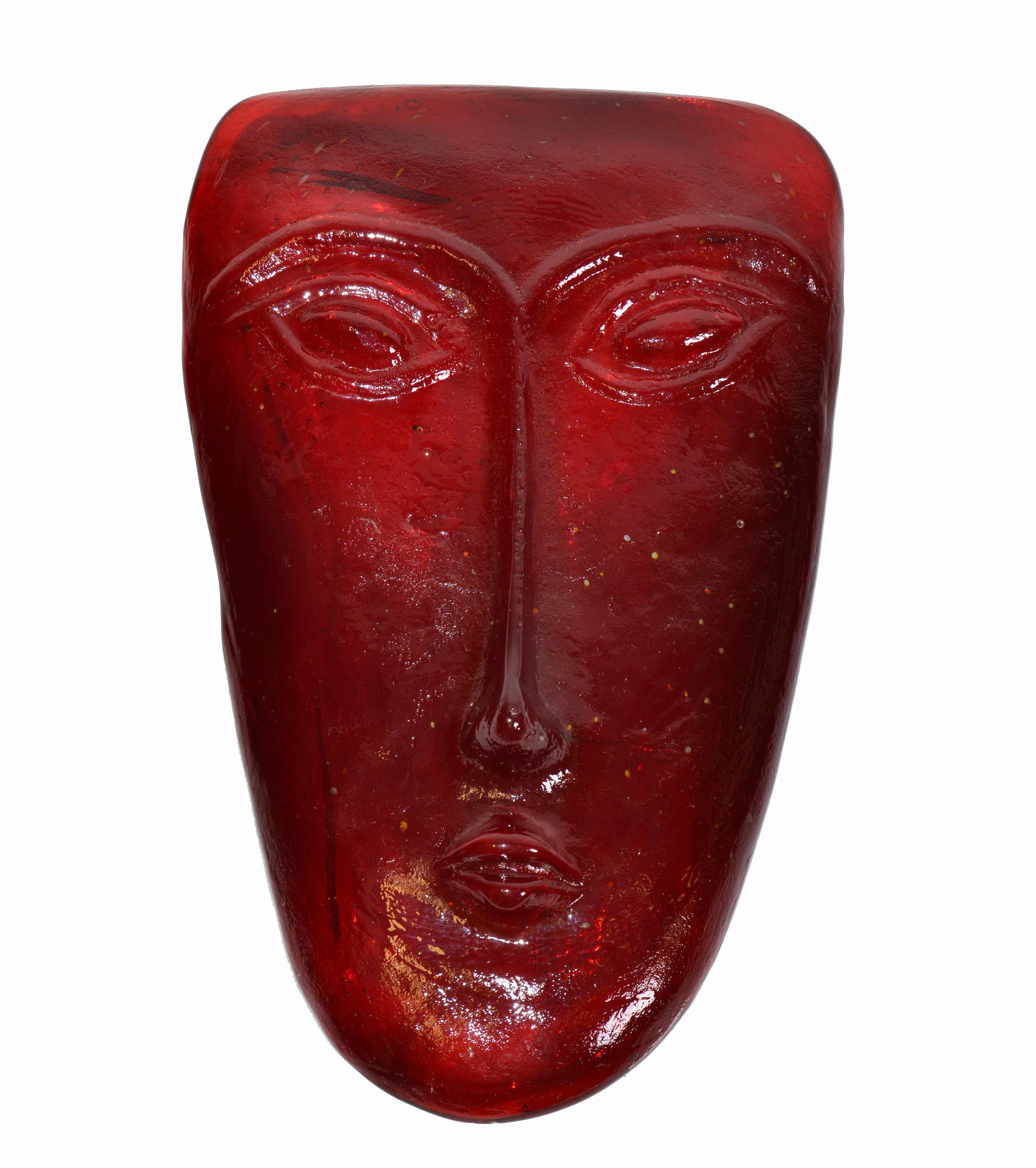 Mexican Folk Art Mid-Century Modern Blown Red Art Glass Face Masks, México For Sale