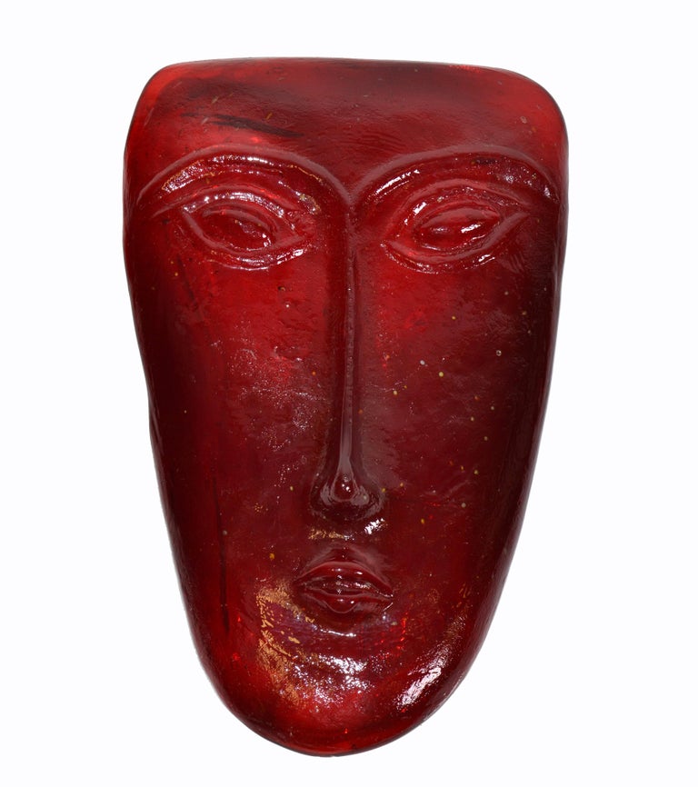 Blown Glass Folk Art Mid-Century Modern Blown Red Art Glass Face Masks, México For Sale