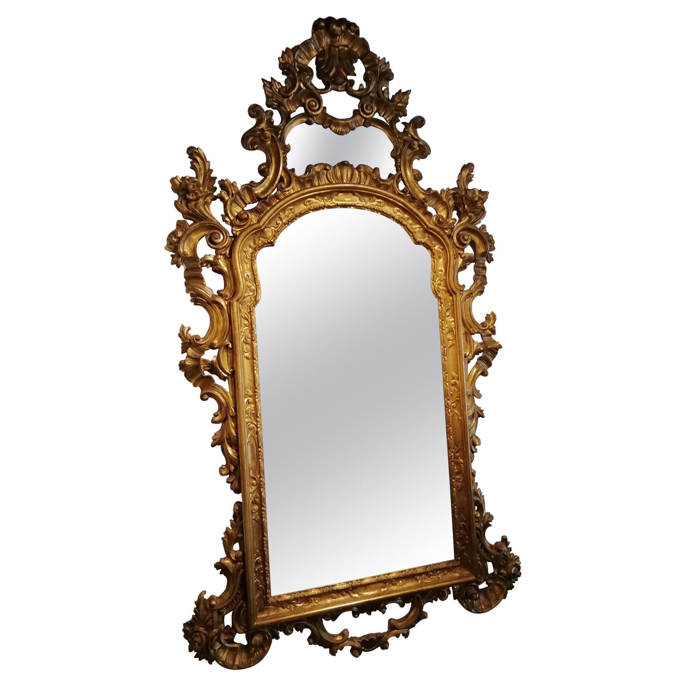 Venetian Mirror, Carved Golden Wood Gold Leaf Italian Manufacture, 20th Century For Sale