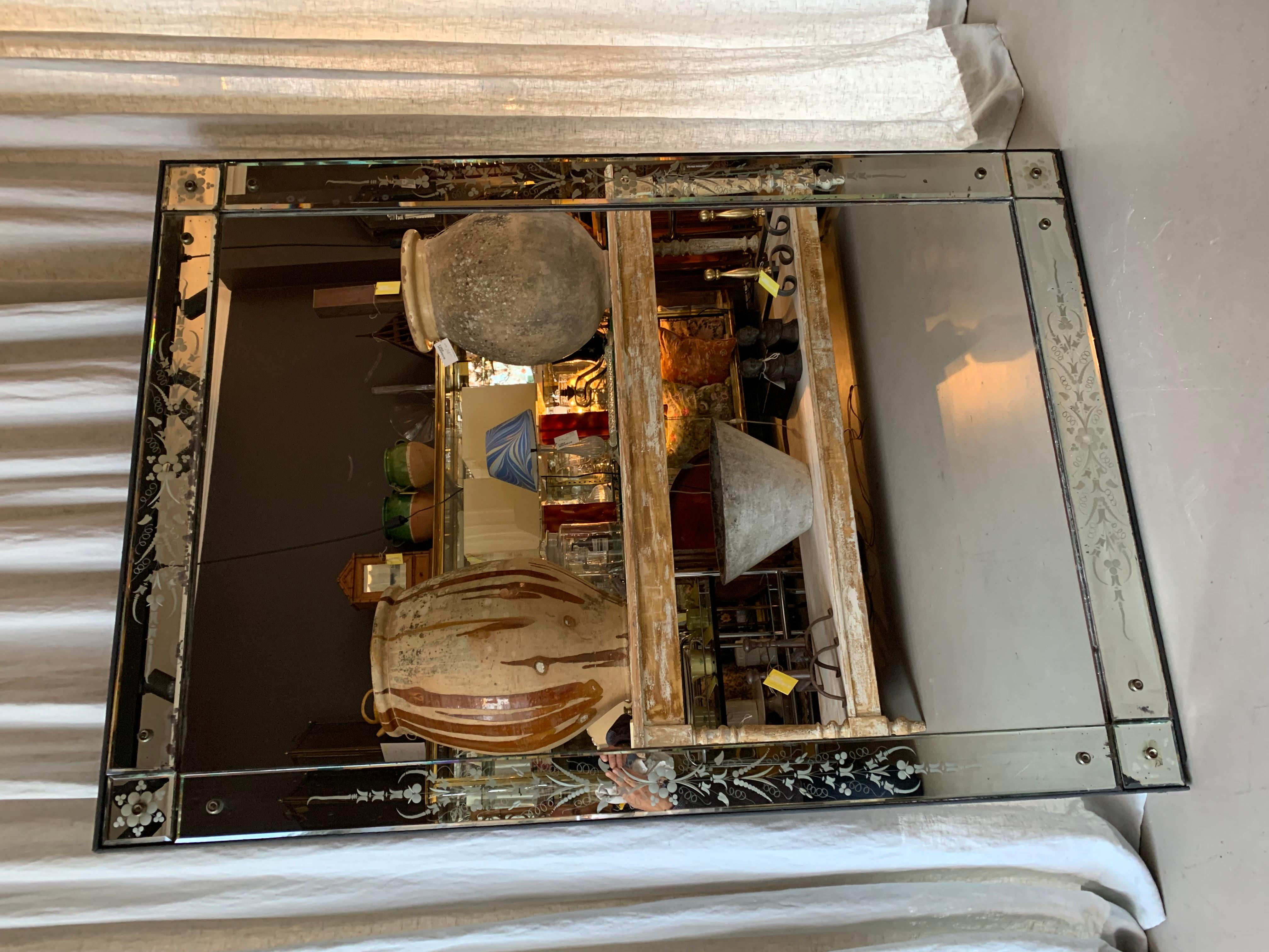 BIG and gorgeous antique French mirror in the Venetian style with cut and engraved glass panels and the original mirror - super patina.
