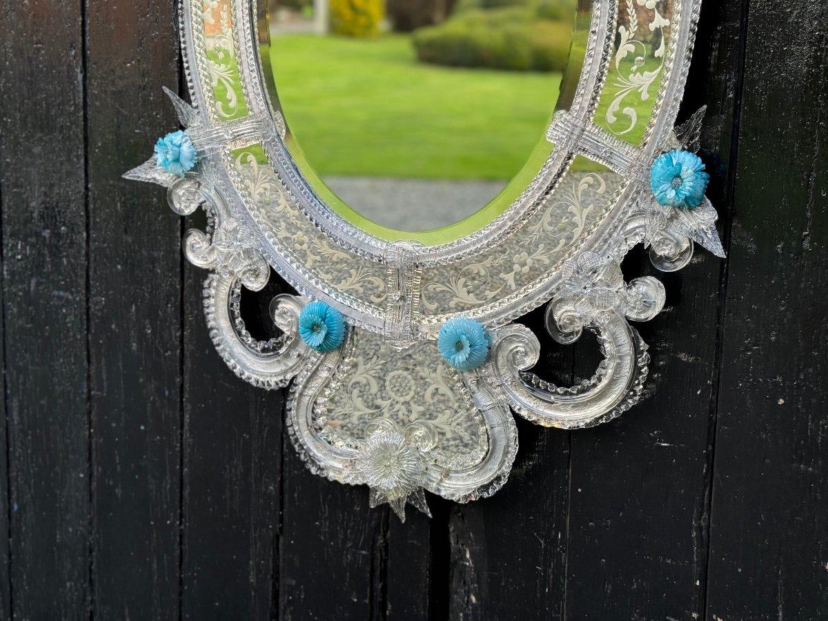 
Miroir vénitien bleu et verre de Murano incolore