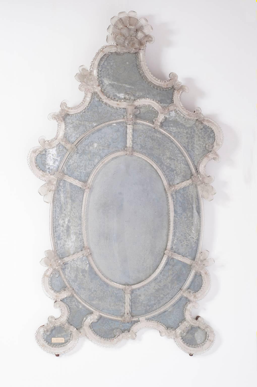 Venetian Mirror in Murano Glass in Clear Color and Handcarved Italy 1900s
This mirror is an authentic masterpiece in clear color, with incredible hand carved frames on the mirror, having all the glass parts in perfect condition without any