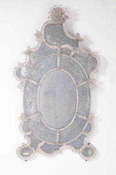 Venetian Mirror in Murano Glass in Clear Color and Handcarved Italy 1900s