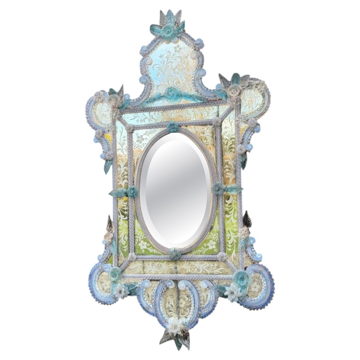 Venetian mirror in Murano glass, in shades of blue, around 1880 For Sale