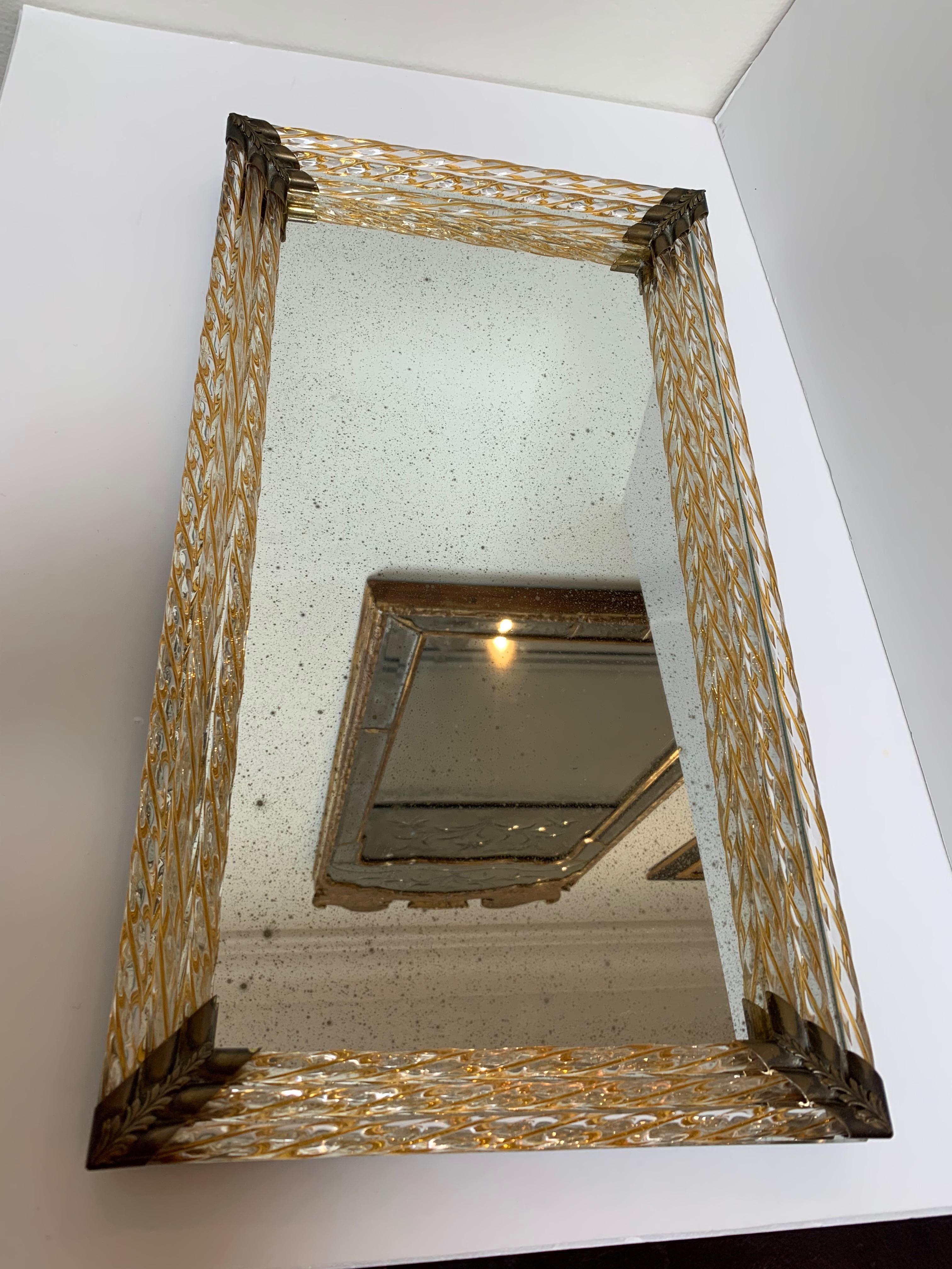 Venetian antique mirror tray with original gold glass twisted rods, brass hardware.