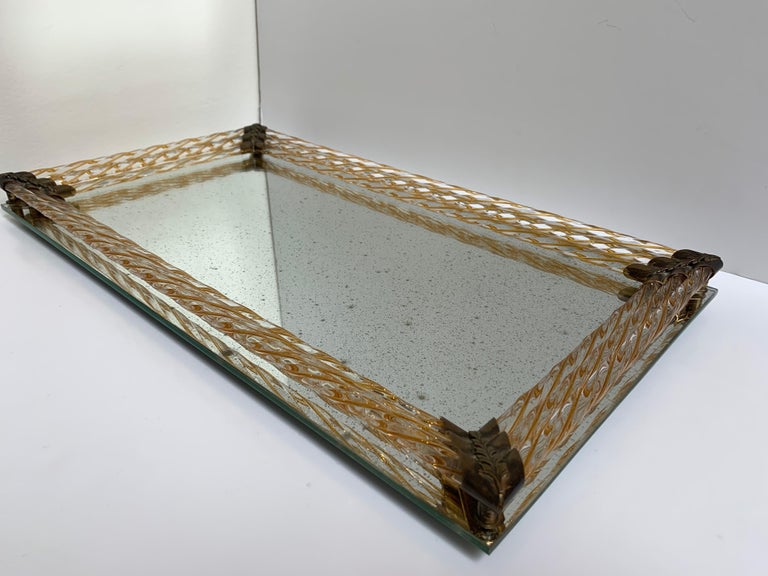 Mirror Tray with Original Gold Glass Twisted Rods, Brass