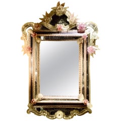 Venetian Mirror with Clear and Pink Glass Etched Foliate Decoration