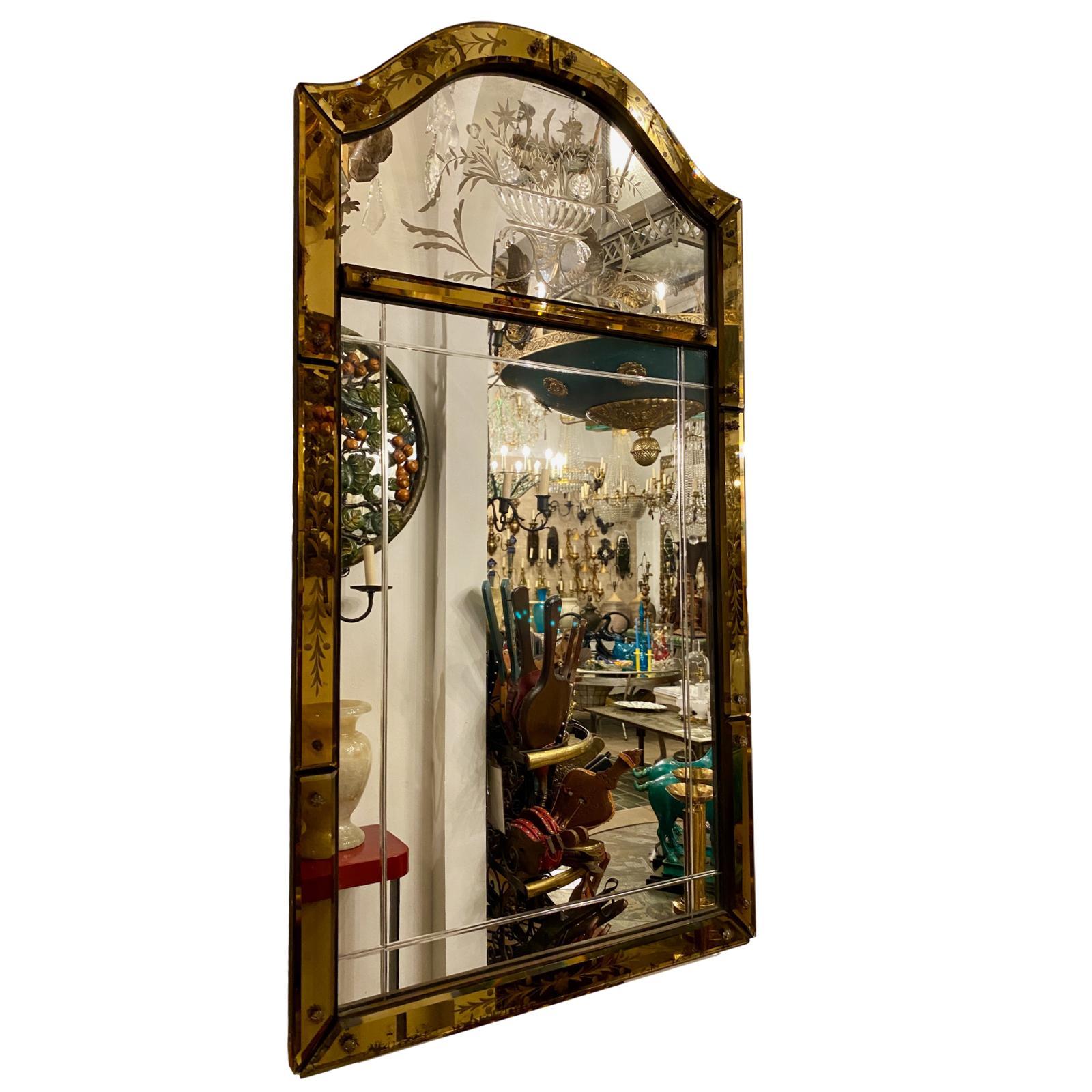Venetian Mirror with Etched Amber Glass Frame 1