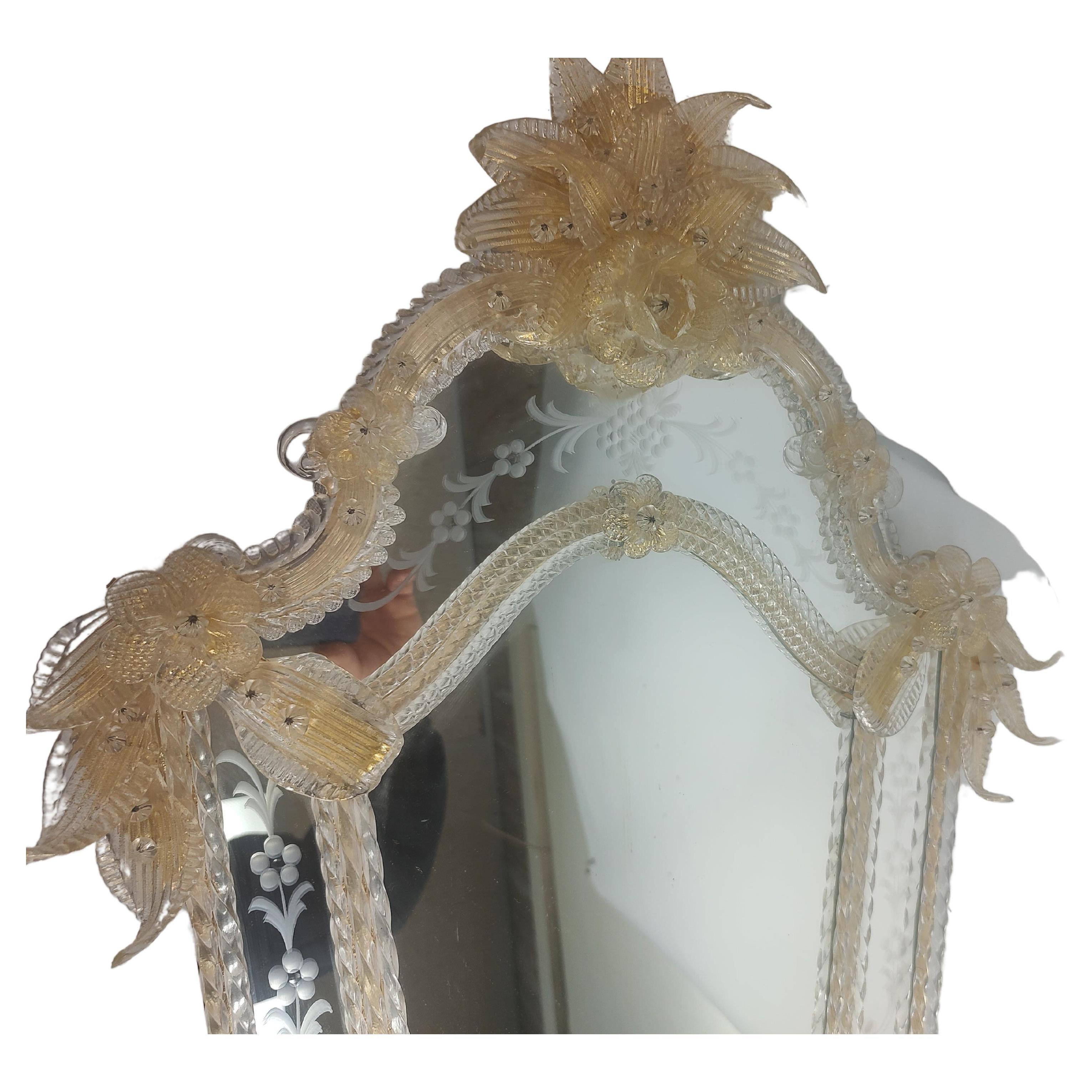 Art Nouveau Venetian Mirror with Leaves & Flowerets Etched Glass For Sale