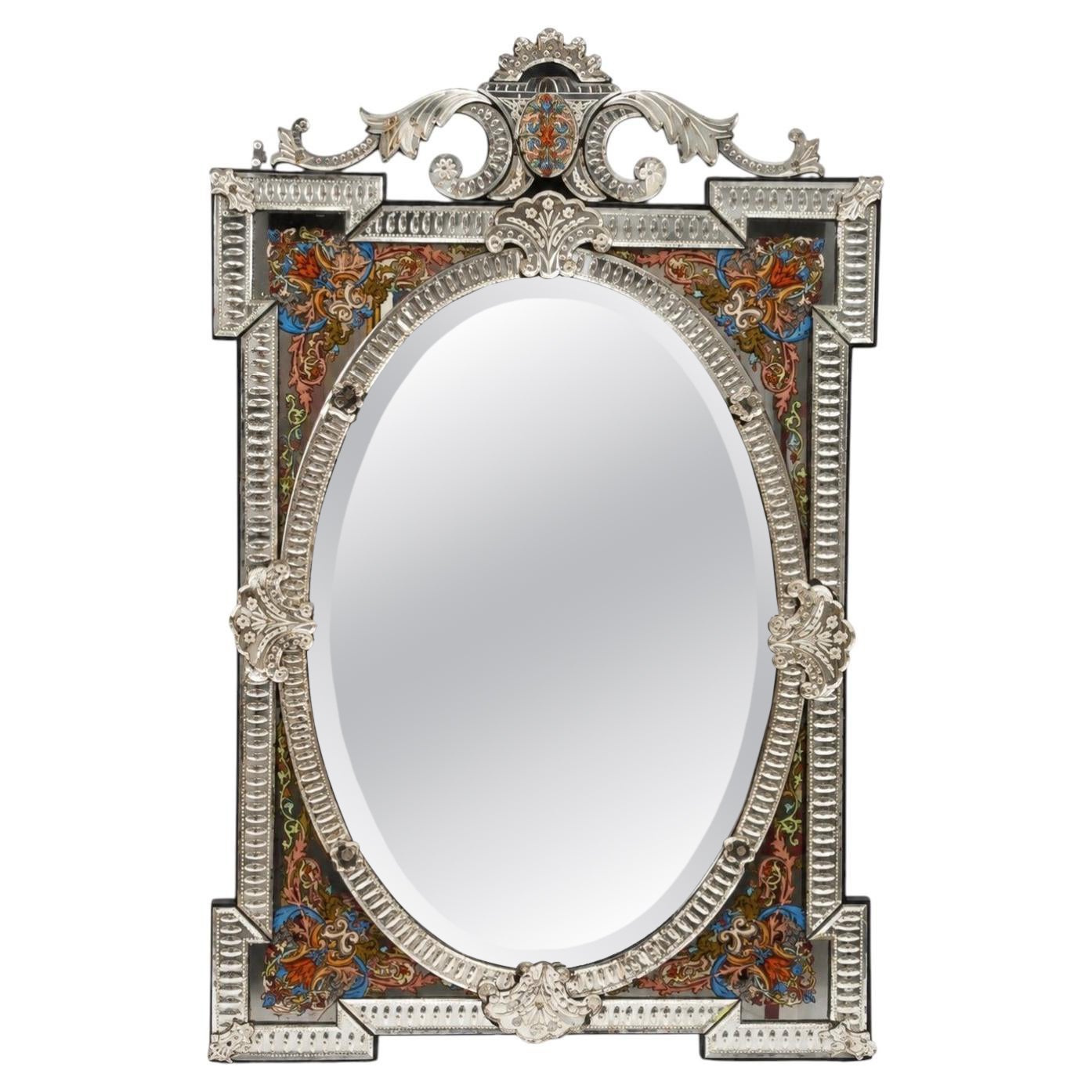 Venetian Mirror with Renaissance Style Brackets – Enameled Beveled Glass – 19th For Sale