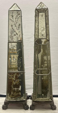 Venetian Mirrored Obelisk, Compatible Pair Etched Glass Panels