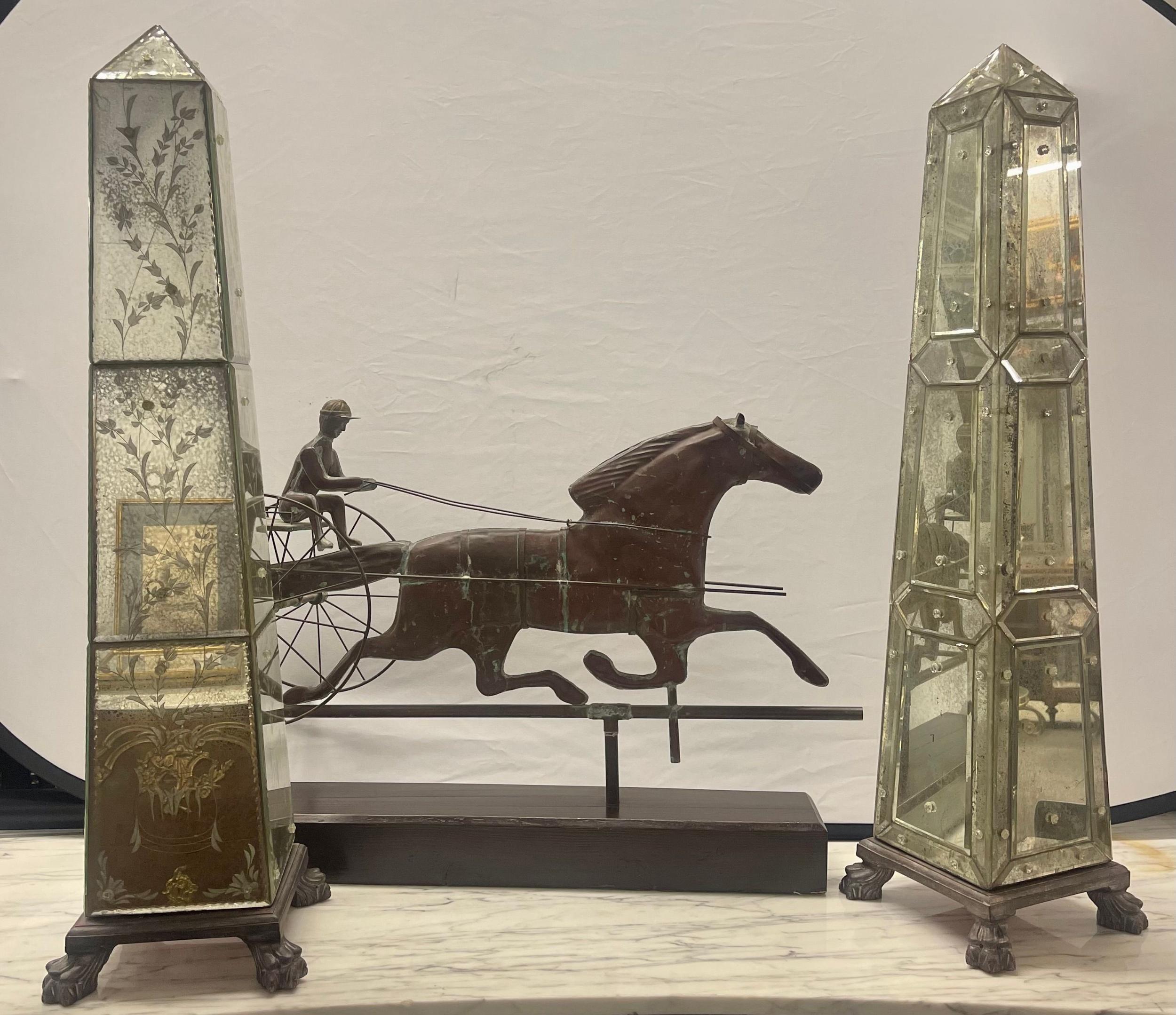 Late 20th Century Venetian Mirrored Obelisk, Compatible Pair Etched Glass Panels For Sale
