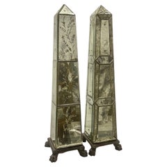 Vintage Venetian Mirrored Obelisk, Compatible Pair Etched Glass Panels