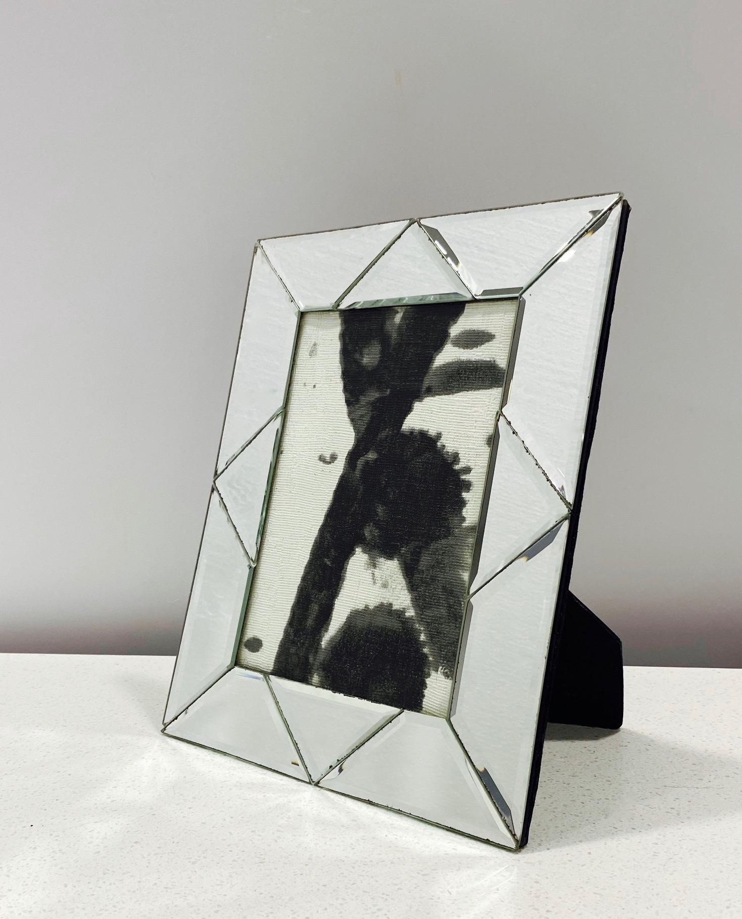 Velvet Venetian Mirrored Picture Frame with Beveled Geometric Design, Italy c. 1980