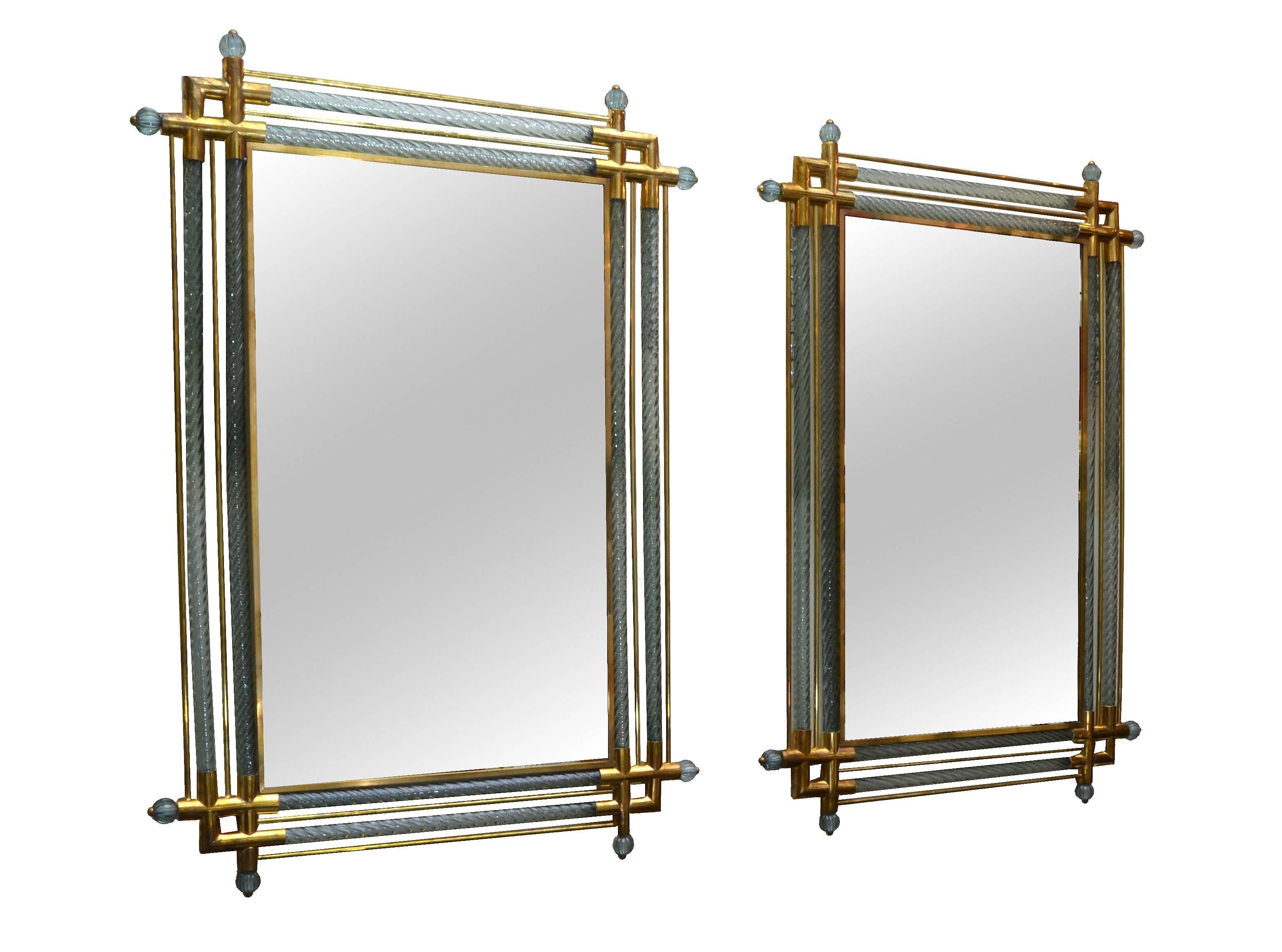 Modern Venetian Mirrors bordered in Brass and Spiraled Murano Glass