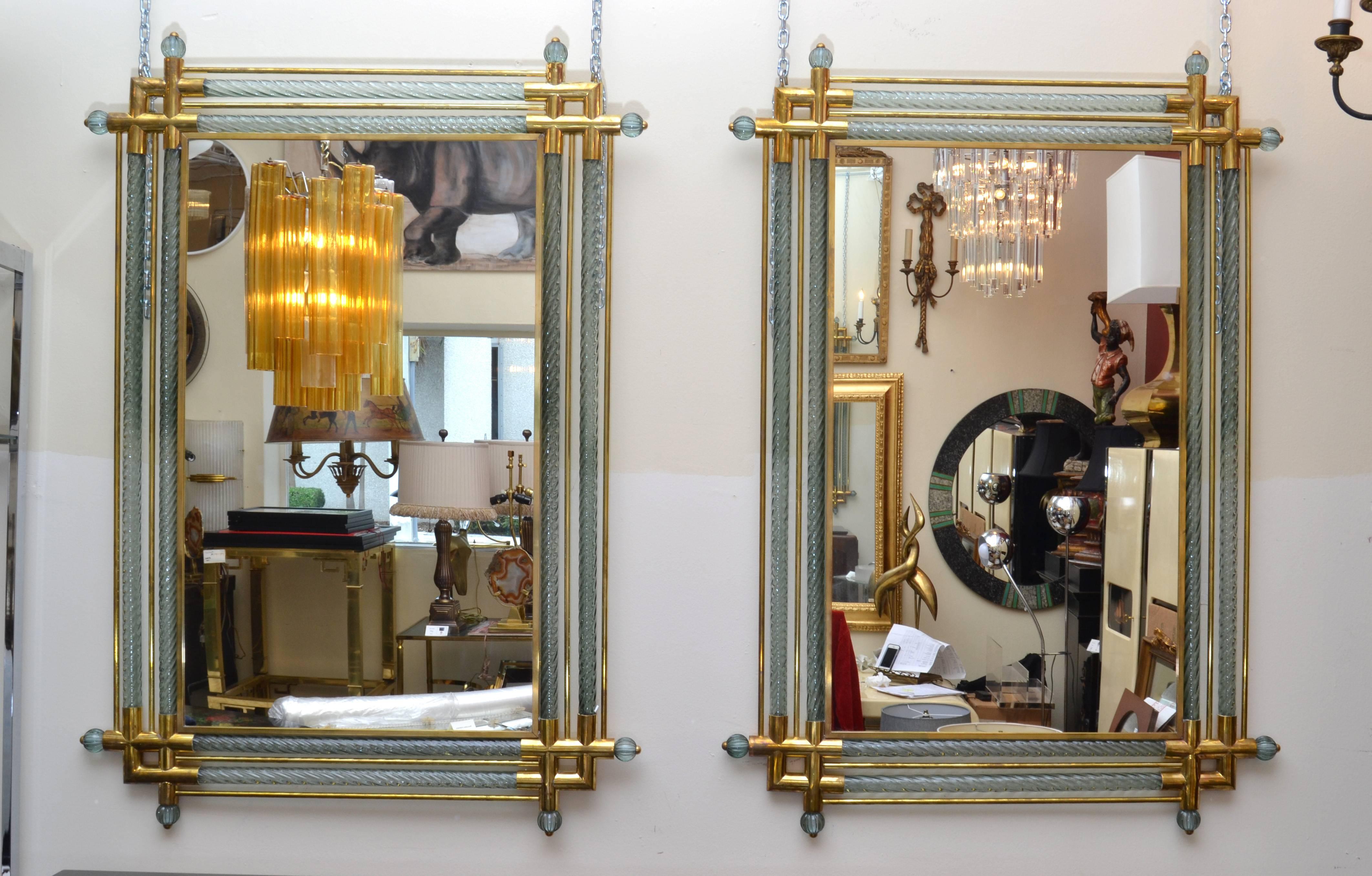Venetian Mirrors bordered in Brass and Spiraled Murano Glass 2
