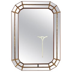 Venetian Modern Beveled Rectangular Mirror with Faceted and Brass Details, 1960