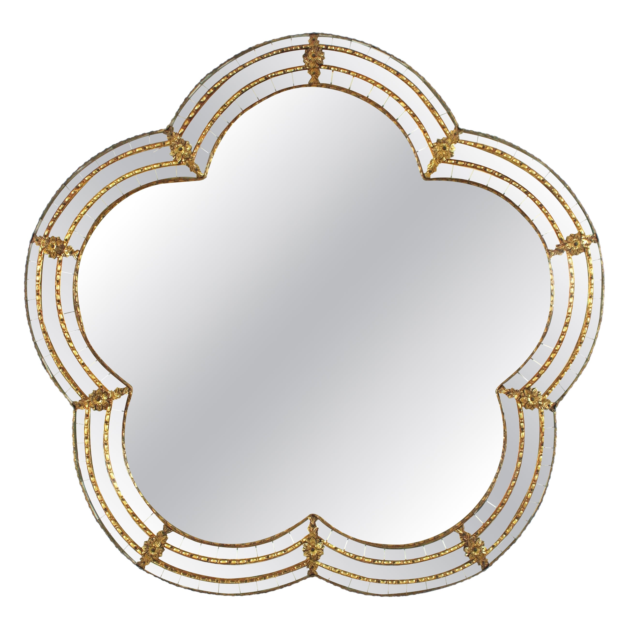 Venetian Modern Flower Shaped Wall Mirror with Brass Details